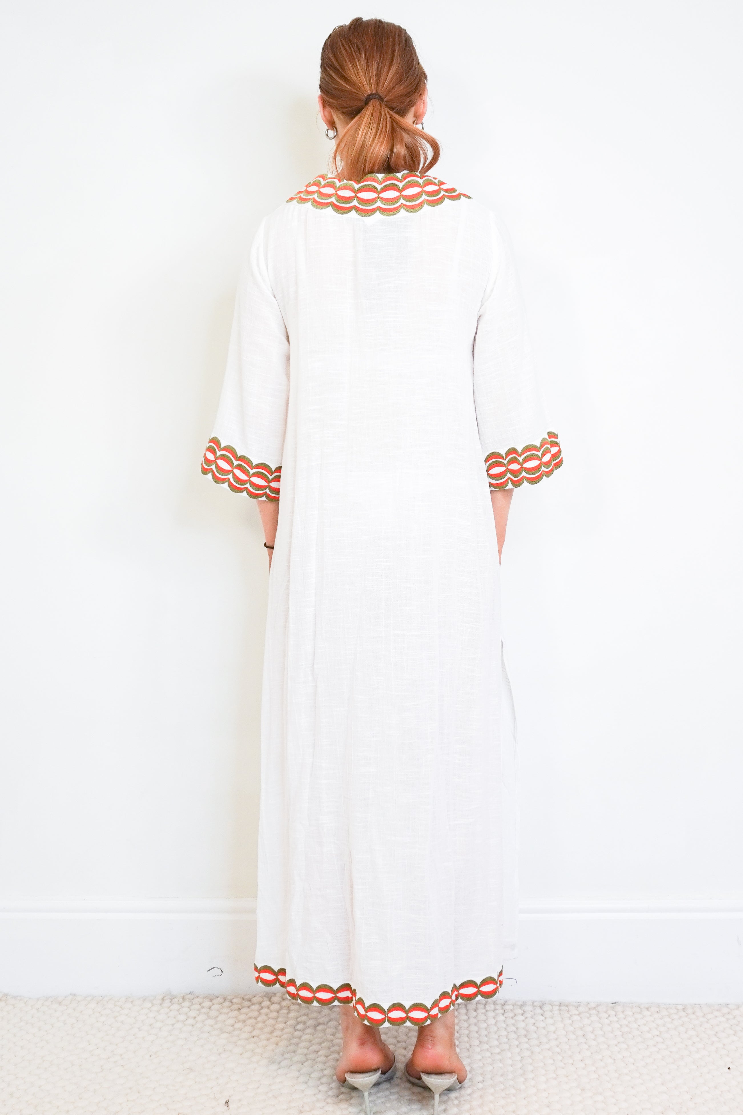 Rae Feather White Dress with Green & Orange Detail back photo chelsea london