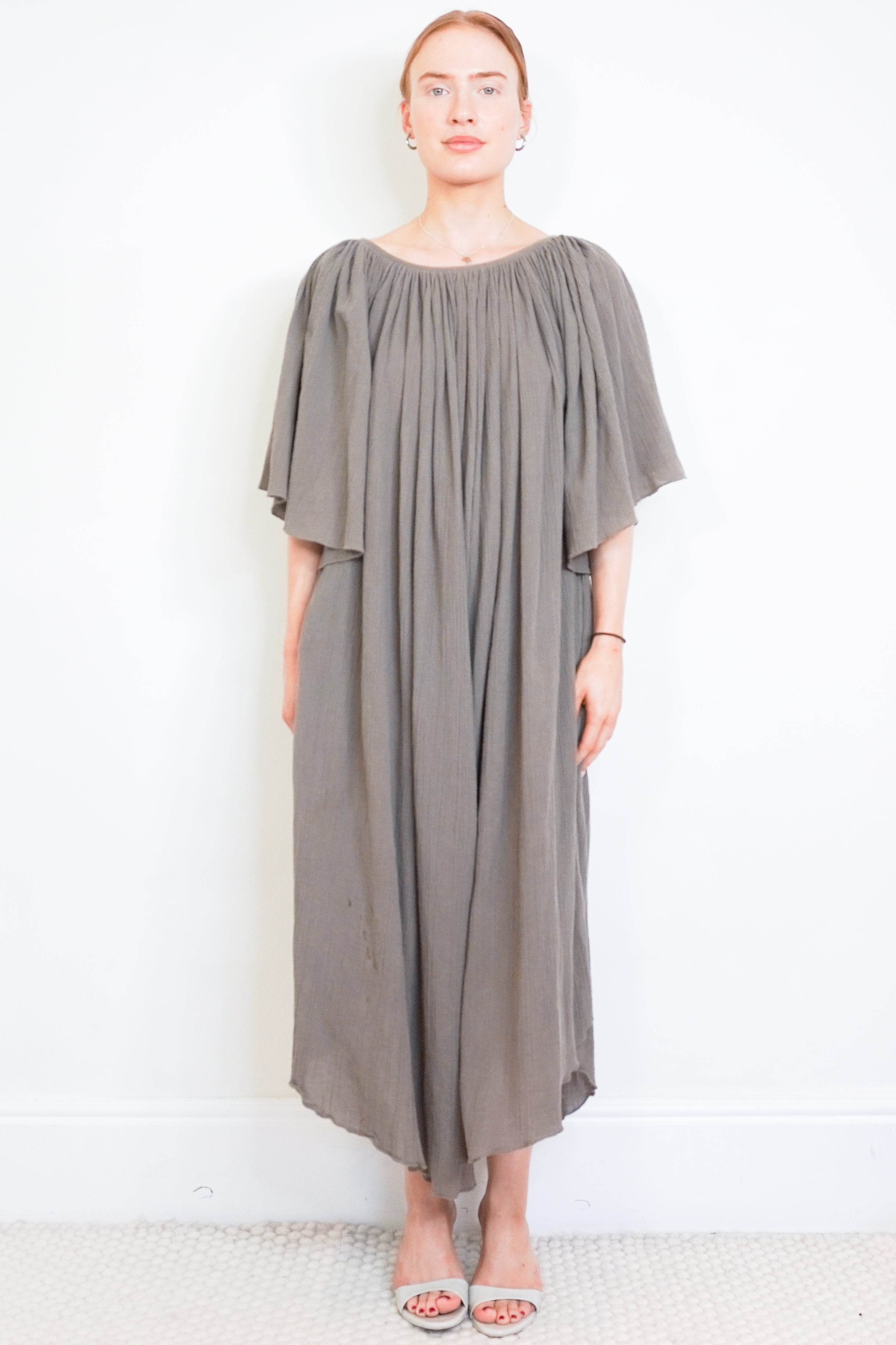 Raey Angel Sleeve Cotton Cheesecloth Maxi Dress in Grey front photo chelsea london