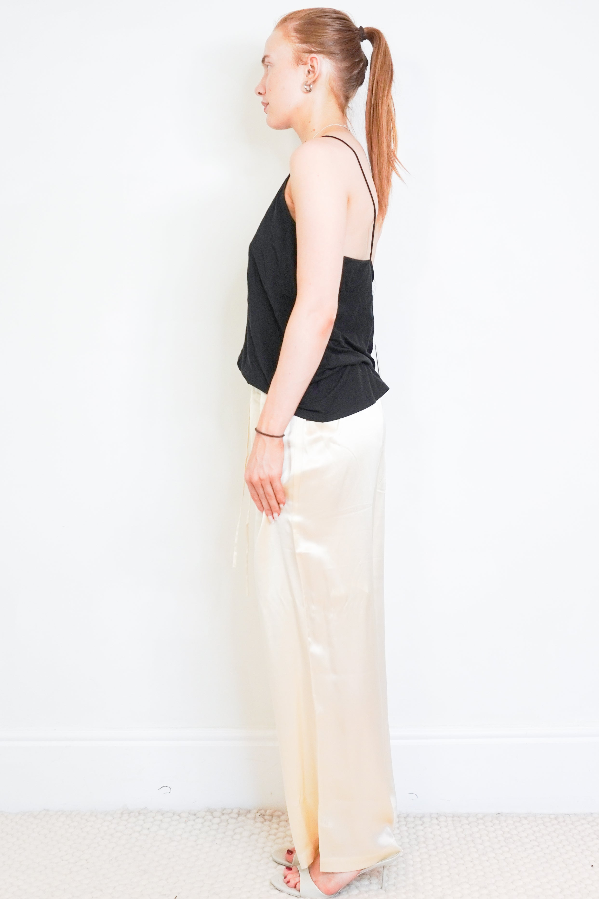Reformation Cream Satin Wide Leg Trousers side photo chelsea london