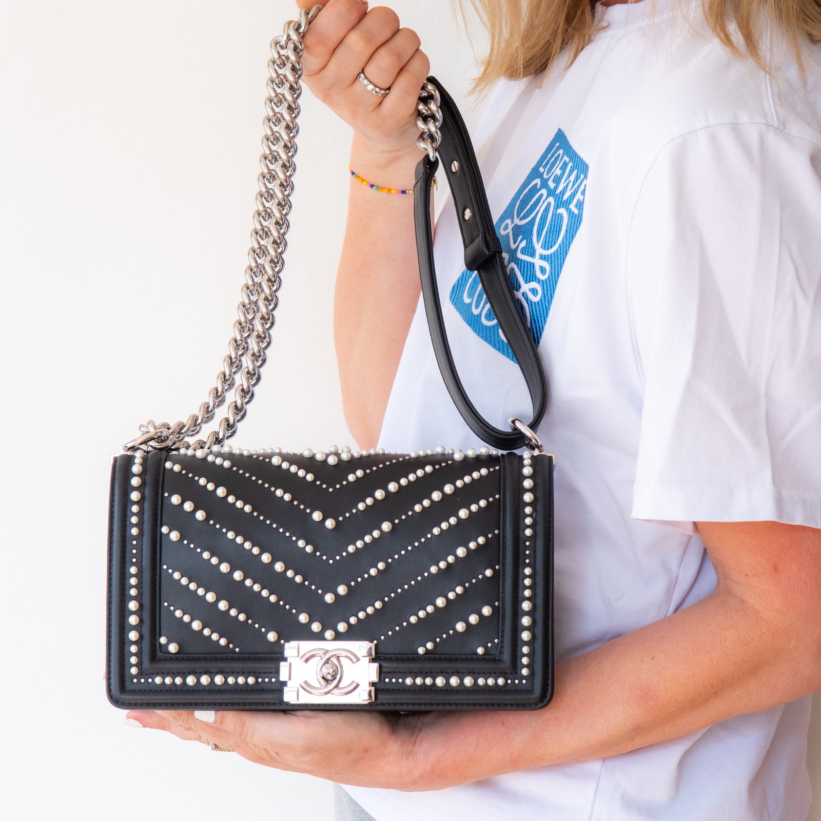 Large Boy Bag in black leather with pearls