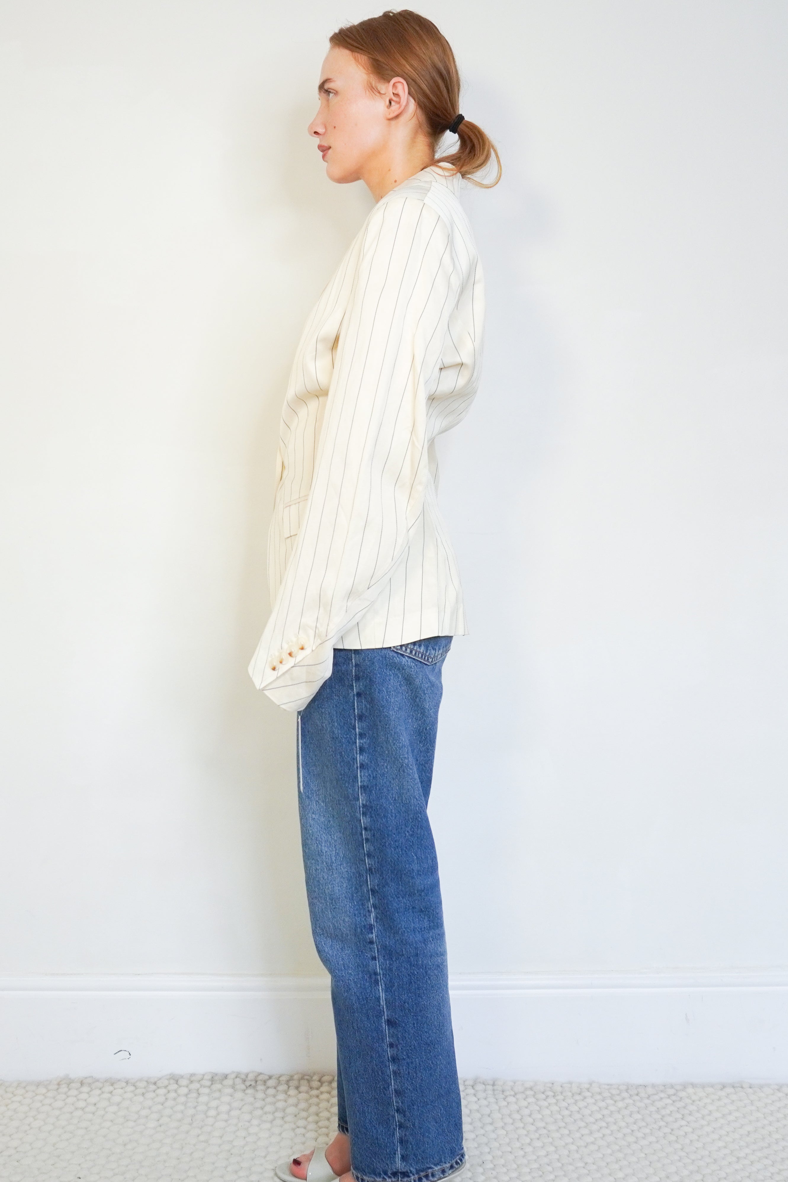 Remain Egret Comb Drapy Striped Blazer side photo chelsea london