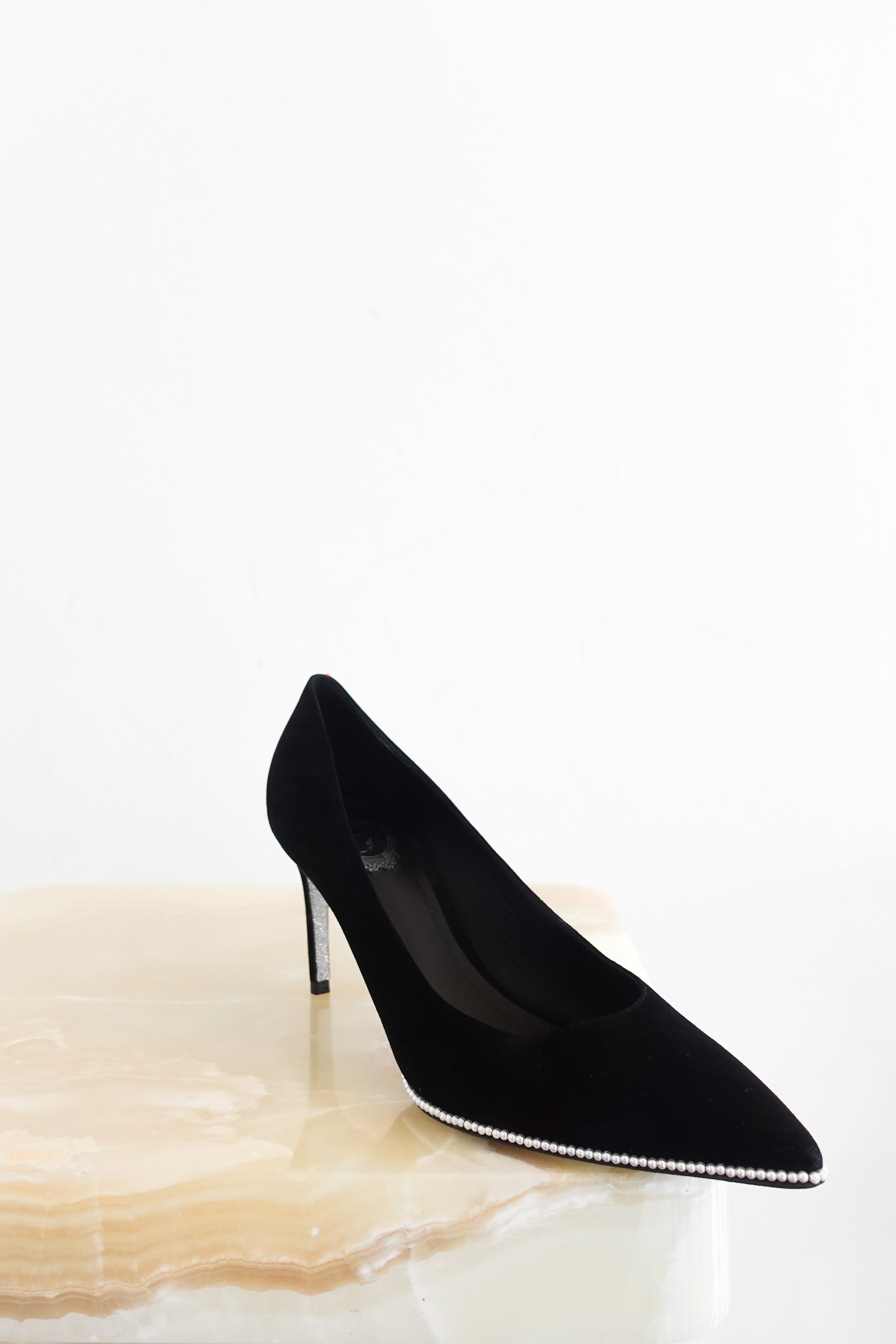 Rene-Caovilla-Black-Velvet-Pearl-Lined-Heeled-Pumps-front-picture-Chelsea-London