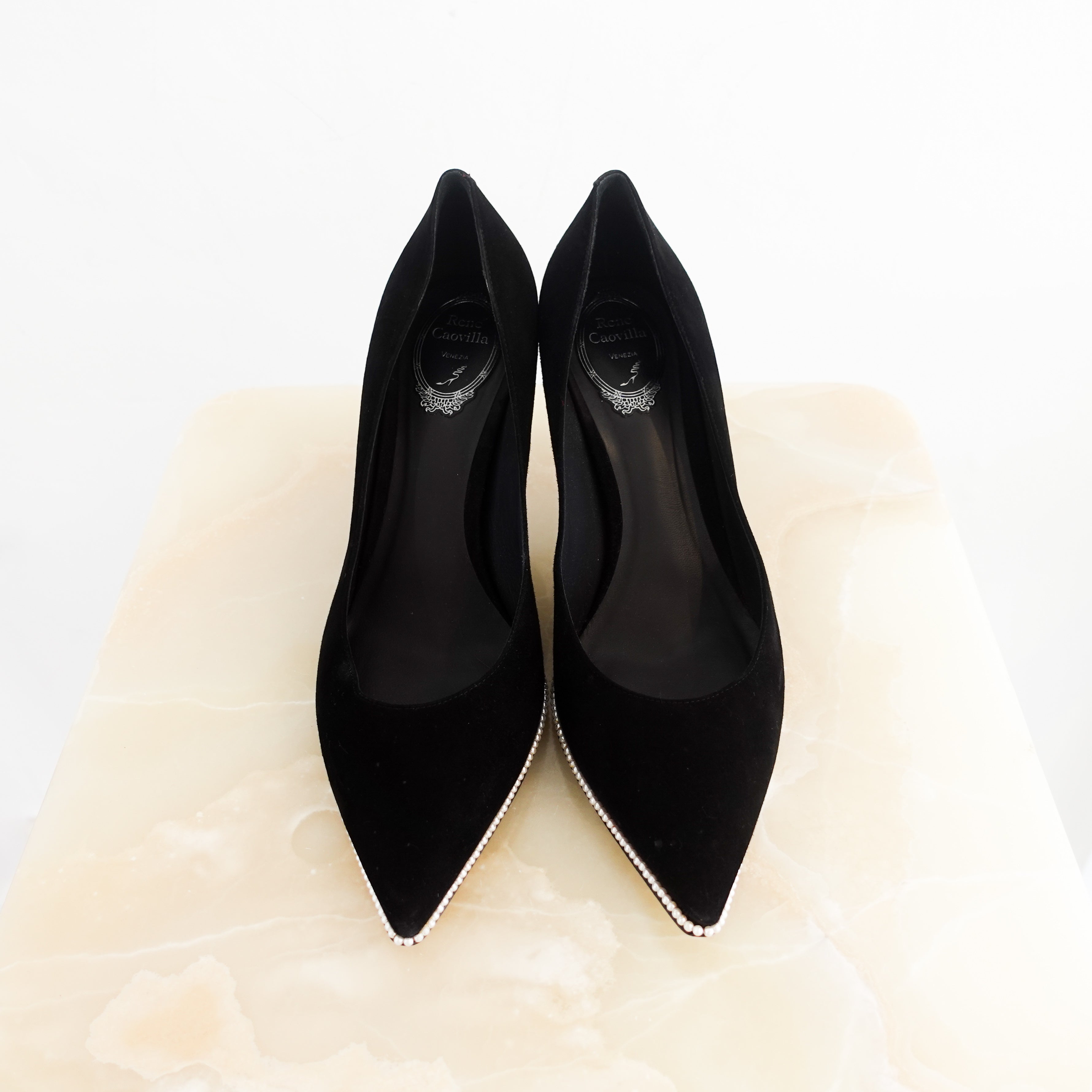 Rene-Caovilla-Black-Velvet-Pearl-Lined-Heeled-Pumps-top-picture-Chelsea-London