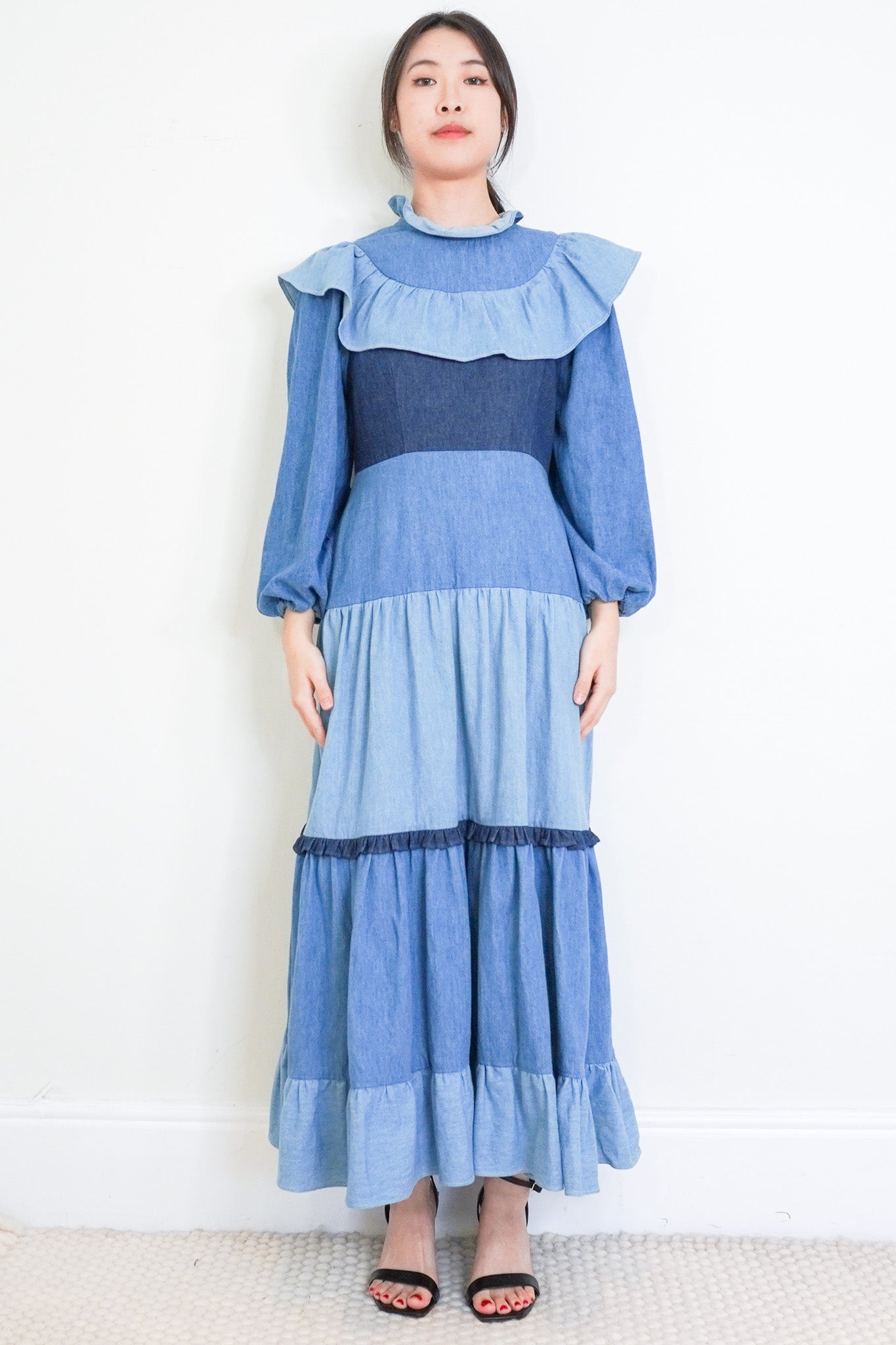 Rixo-Blue-Denim-Ruffle-Dress-front-picture-chelsea-london