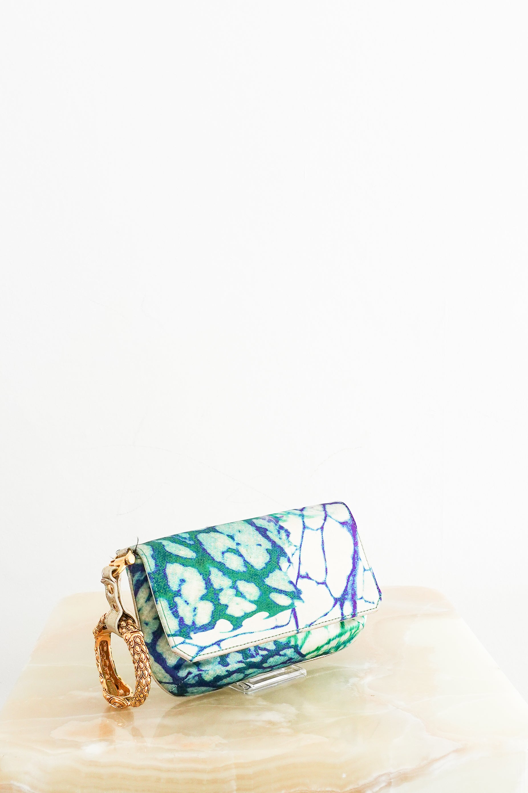 Roberto-Cavalli-Blue-Tie-dye-Satin-Mini-Clutch-with-Gold-Bracelet-front-picture