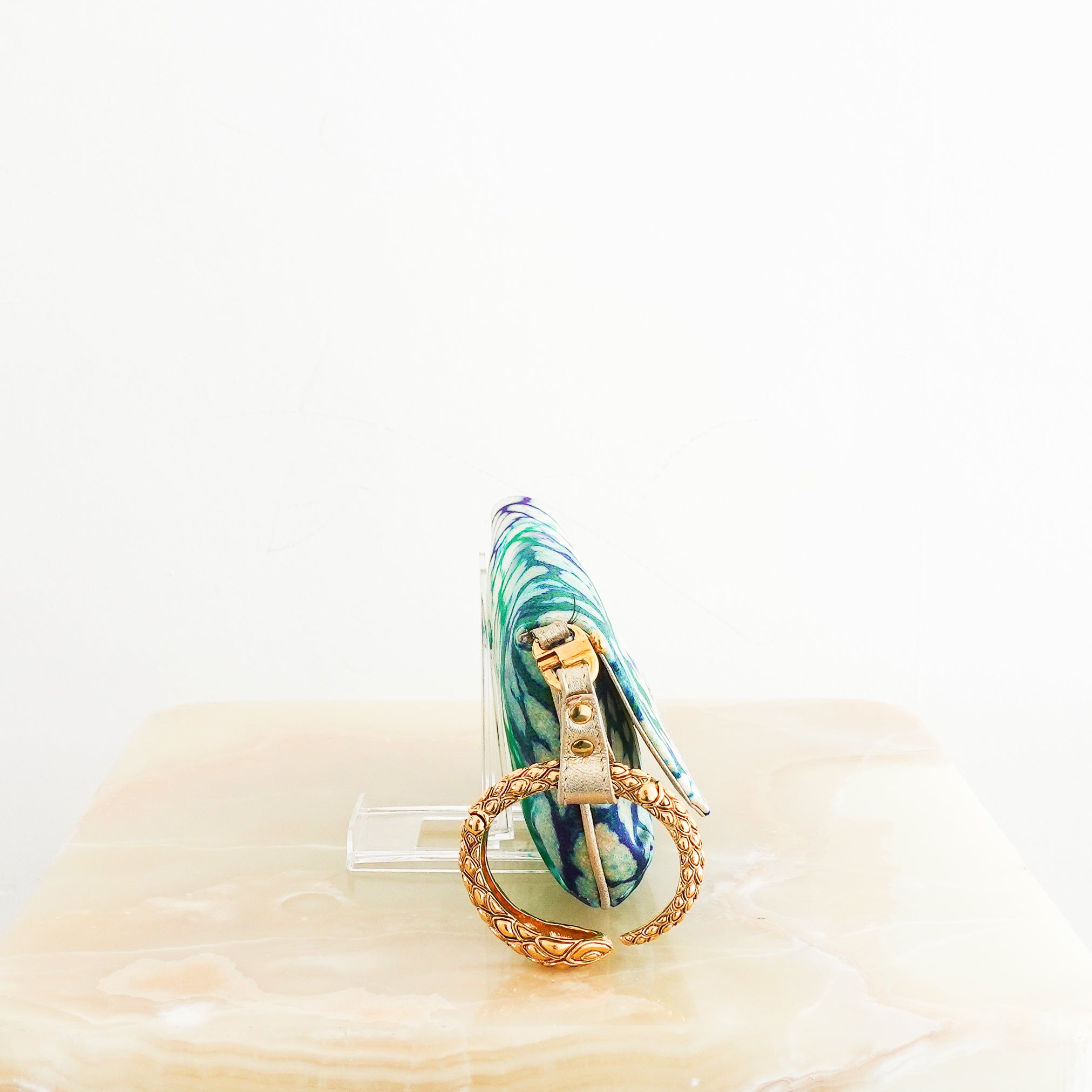 Roberto-Cavalli-Blue-Tie-dye-Satin-Mini-Clutch-with-Gold-Bracelet-side-picture