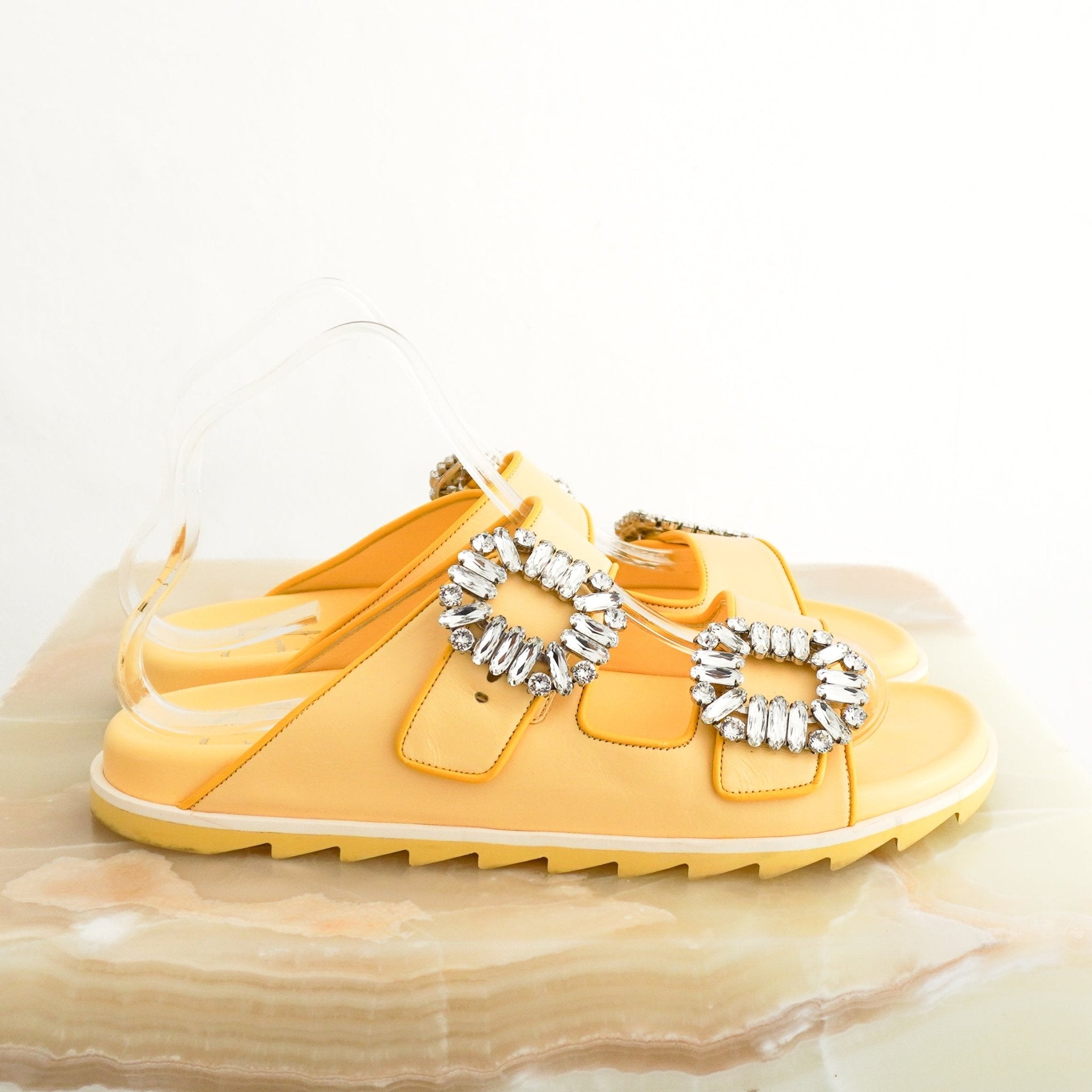 Roger Vivier Yellow Slidy Viv’ Crystal-Embellished Leather Sandals (RRP £1125) | Authentic Preloved - Reloved Again