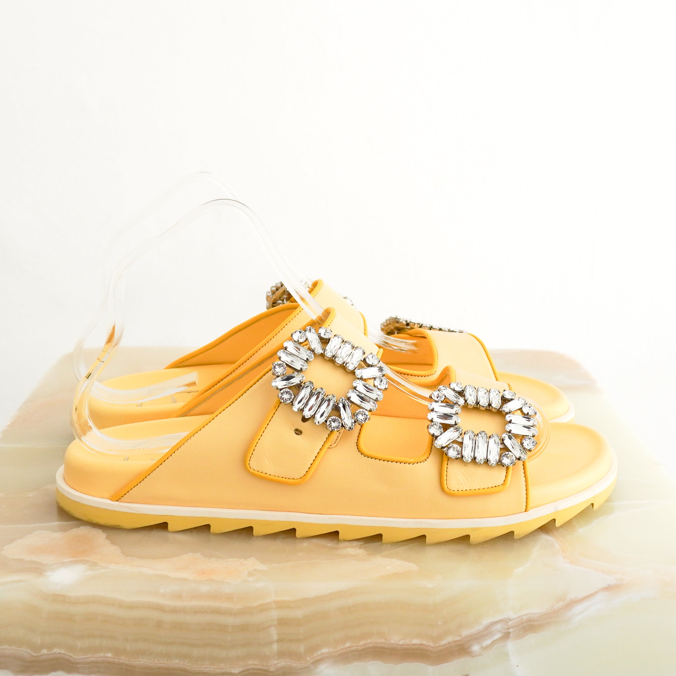 Roger Vivier Yellow Slidy Viv’ Crystal-Embellished Leather Sandals side photo chelsea london