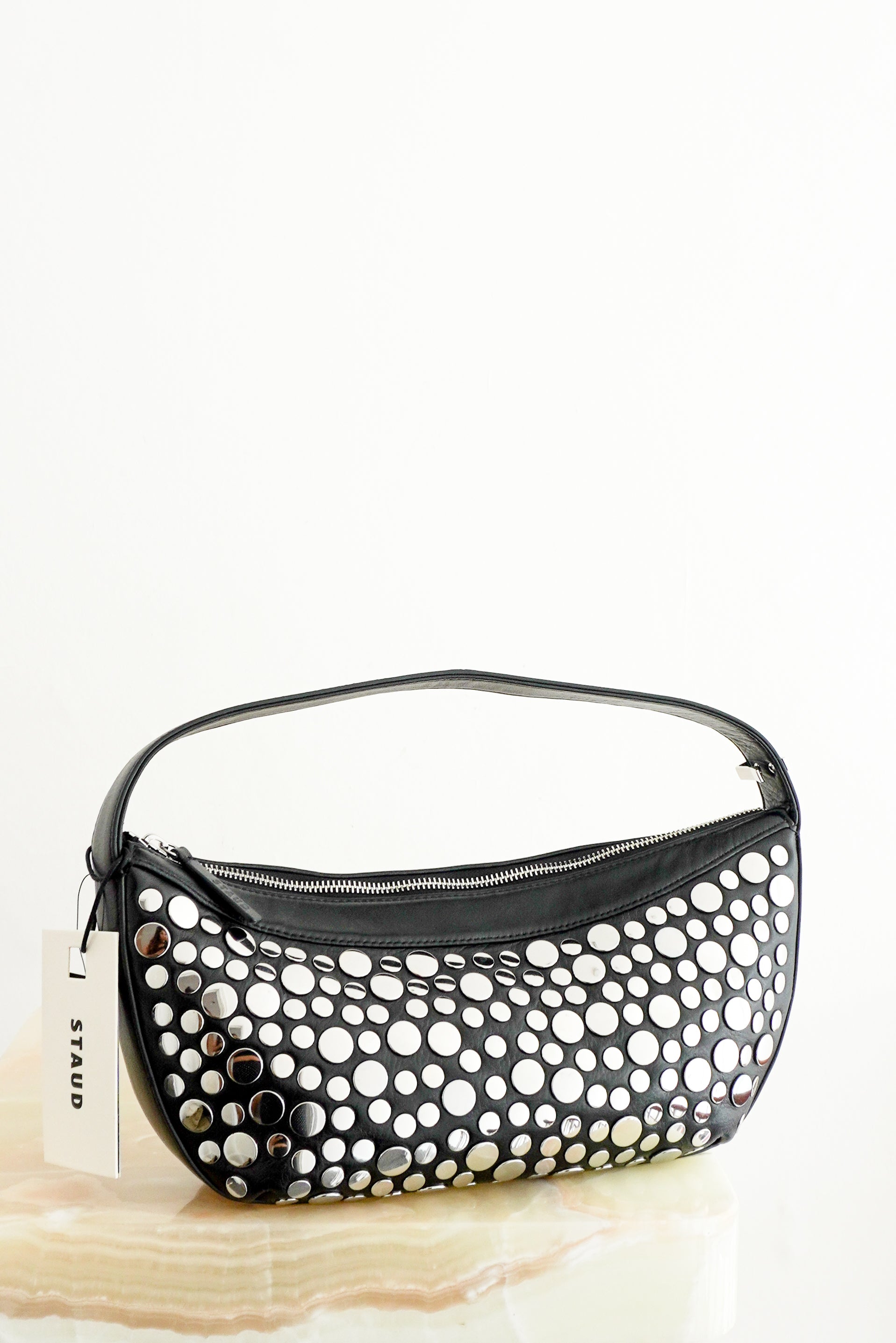STAUD Demy Rivet Shoulder Bag in Black Leather front photo chelsea london