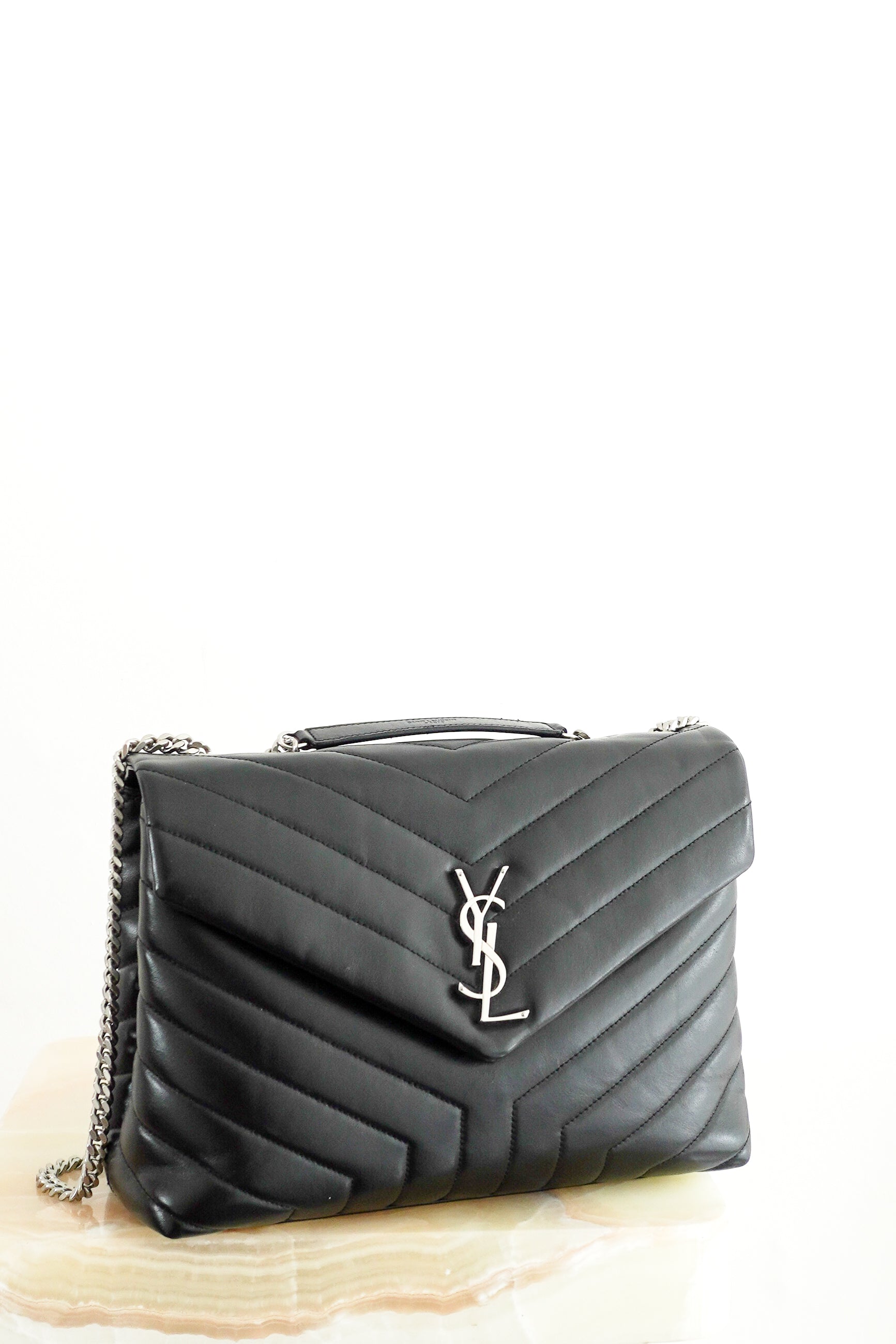 Saint-Laurent-Black-Loulou-Medium-in-Matelassé-Lambskin-front-picture-Chelsea-London