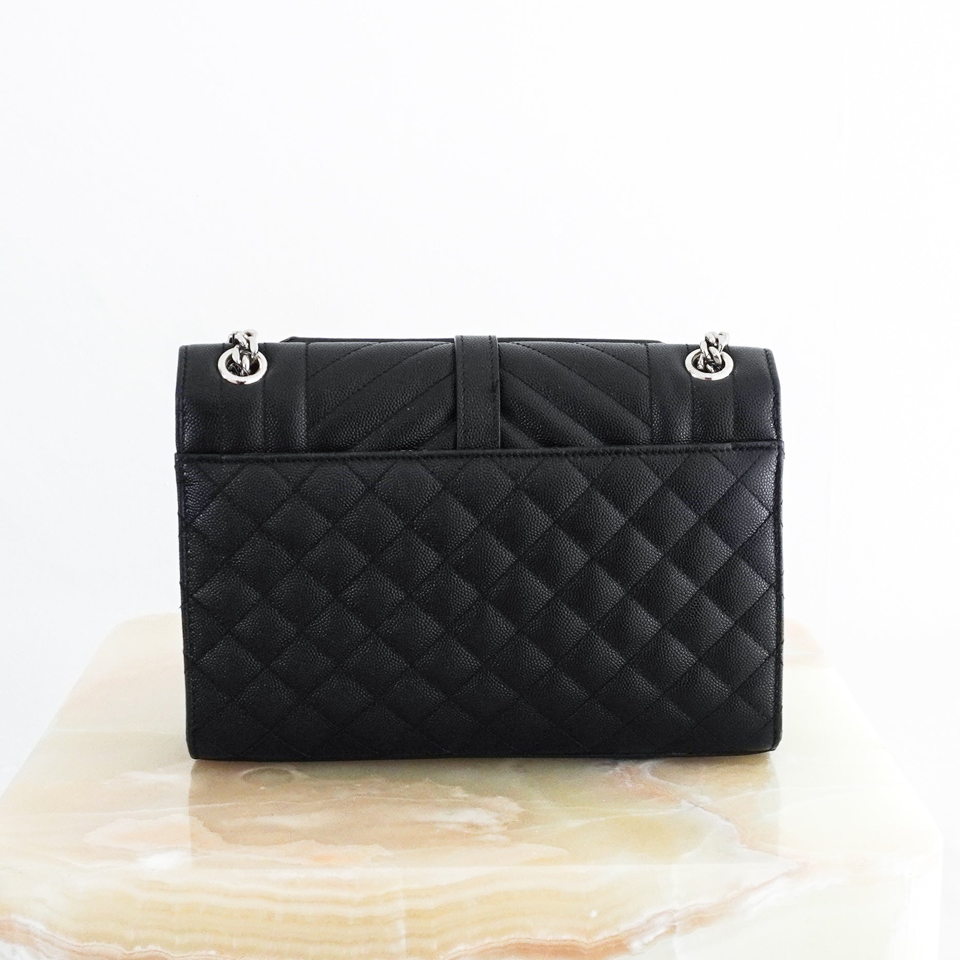 Saint-Laurent-Black-Medium-Envelope-Matelasse-Shoulder-Bag-back-picture-Chelsea-London