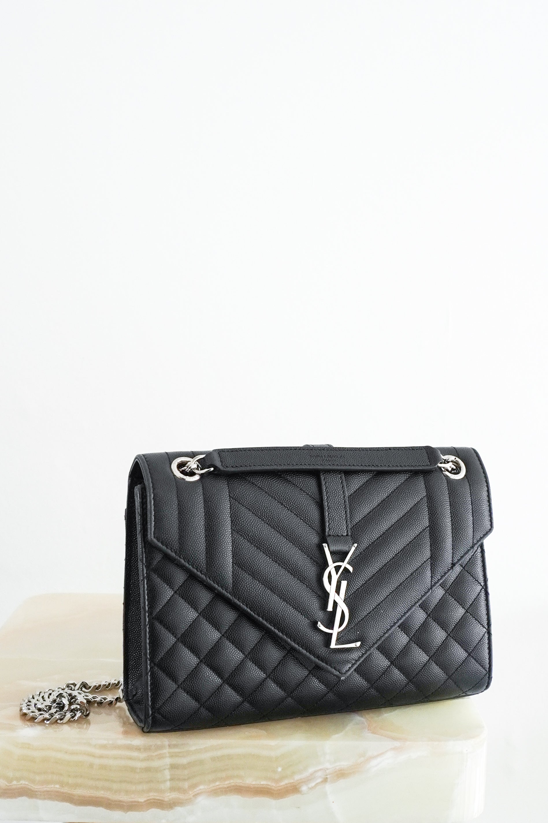 Saint-Laurent-Black-Medium-Envelope-Matelasse-Shoulder-Bag-front-picture-Chelsea-London