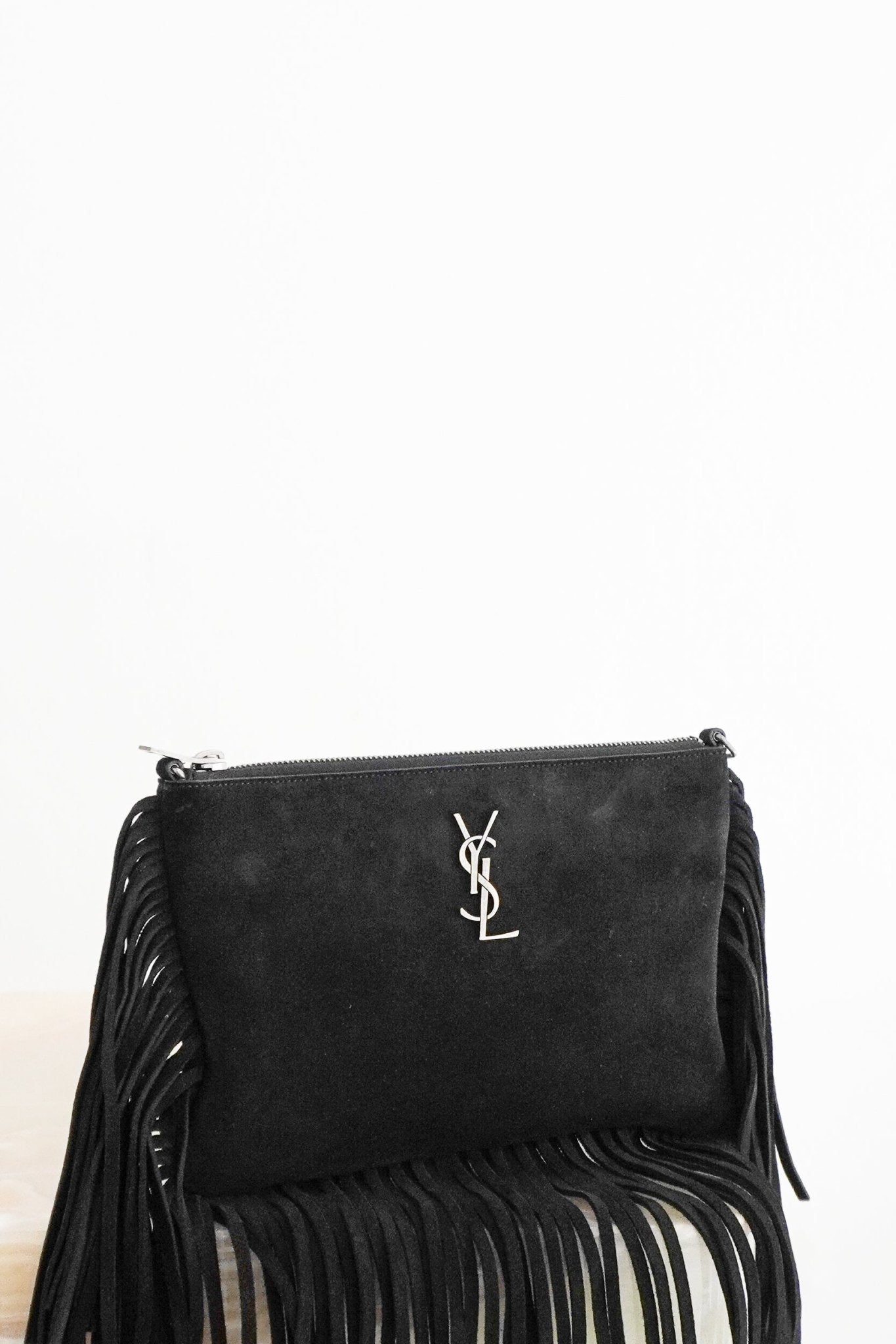 Saint-Laurent-Black-Suede-Fringe-Bag-front-picture-Chelsea-London