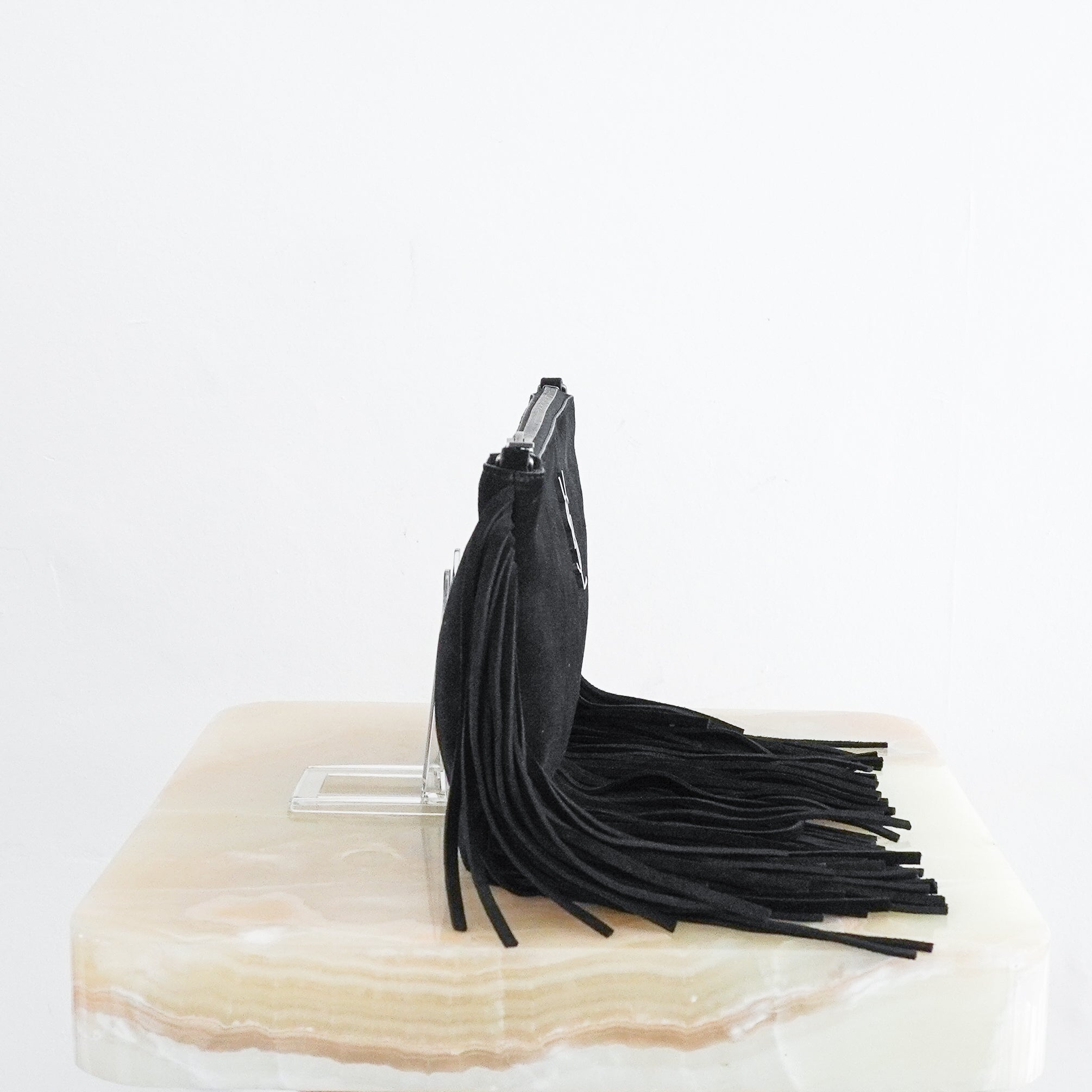 Saint-Laurent-Black-Suede-Fringe-Bag-side-picture-Chelsea-London