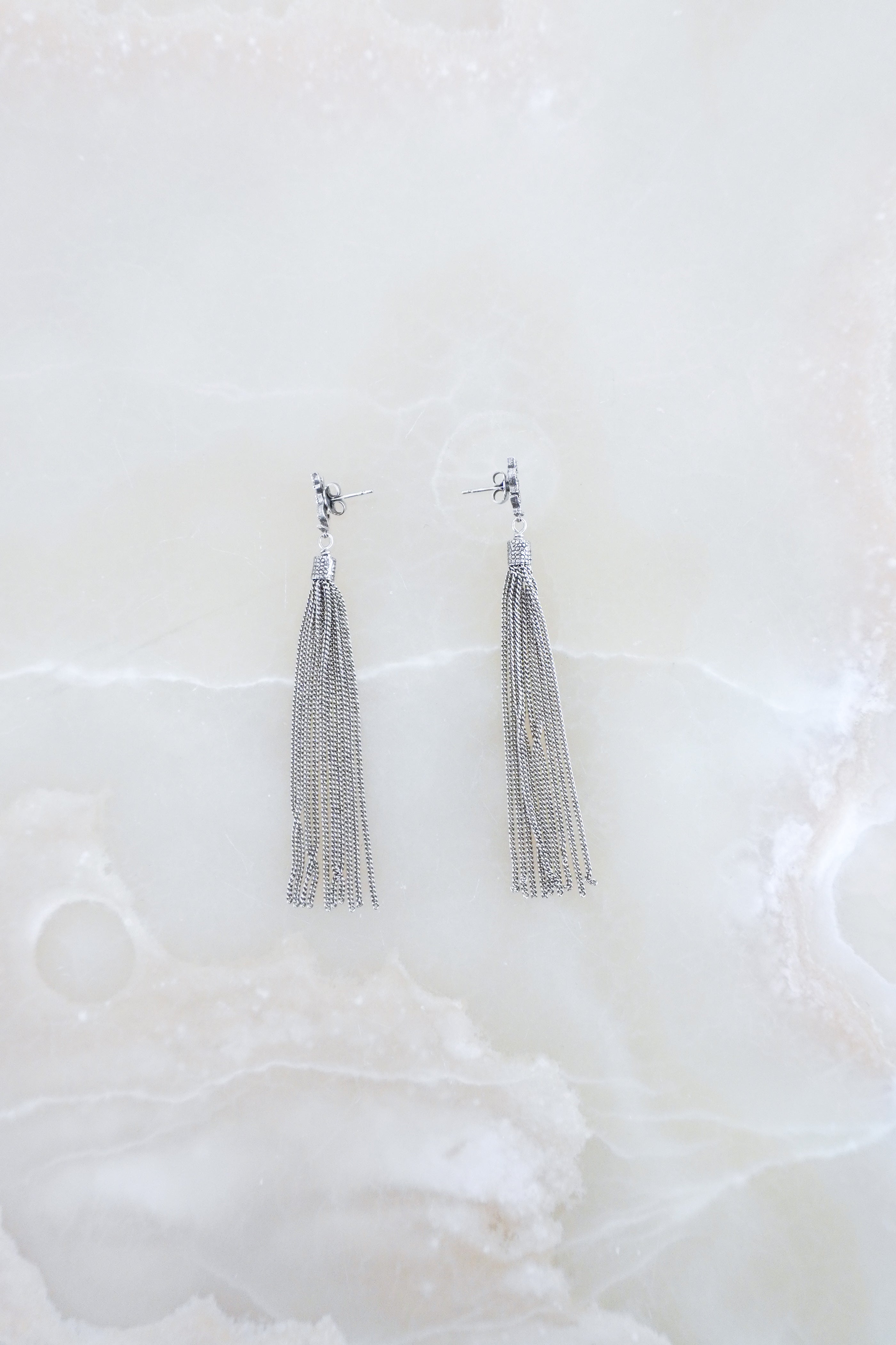 Saint-Laurent-Silver-Loulou-Chain-Earrings-front-picture-Chelsea-London