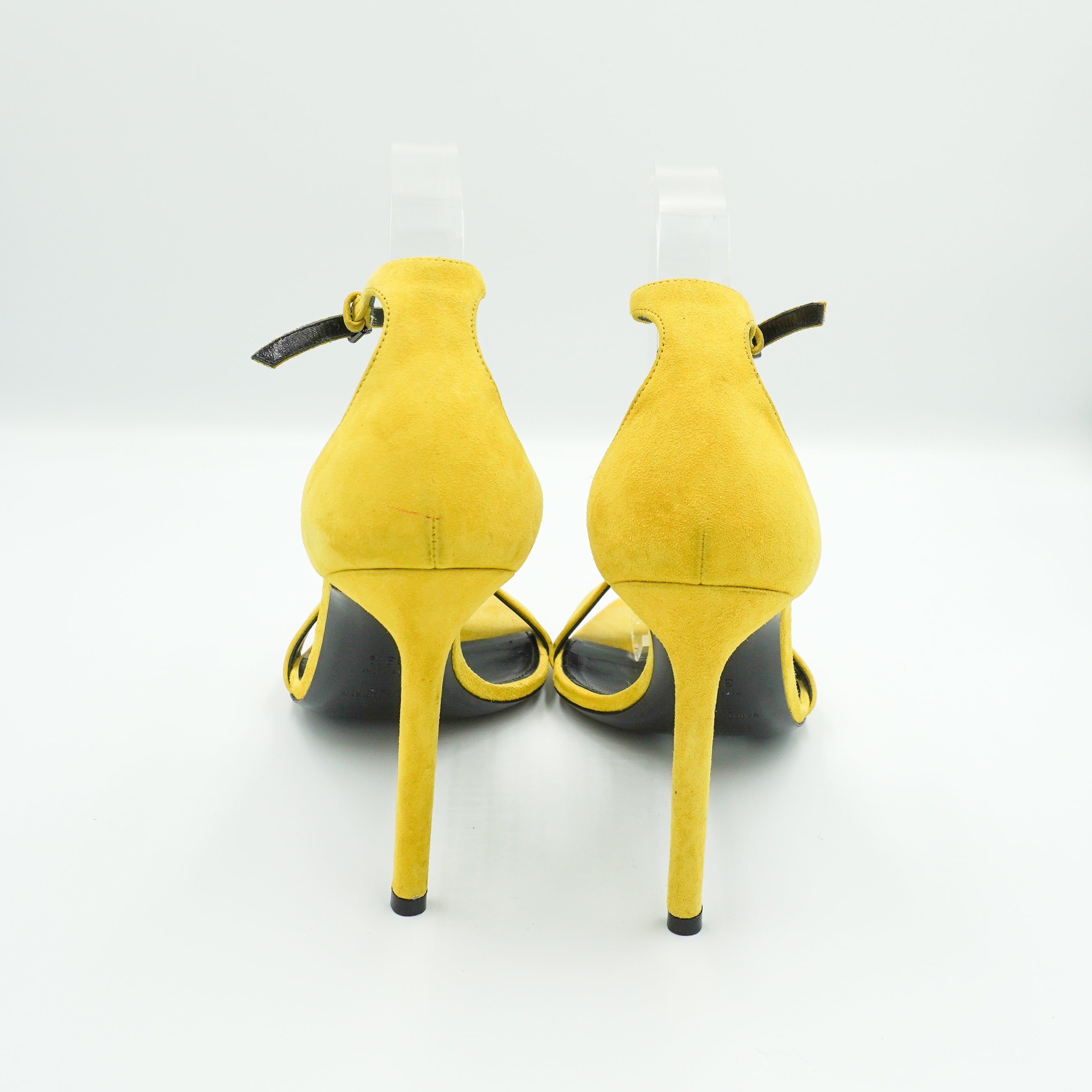 Saint Laurent Amber 105 Suede Sandals in Neon Yellow back photo chelsea london