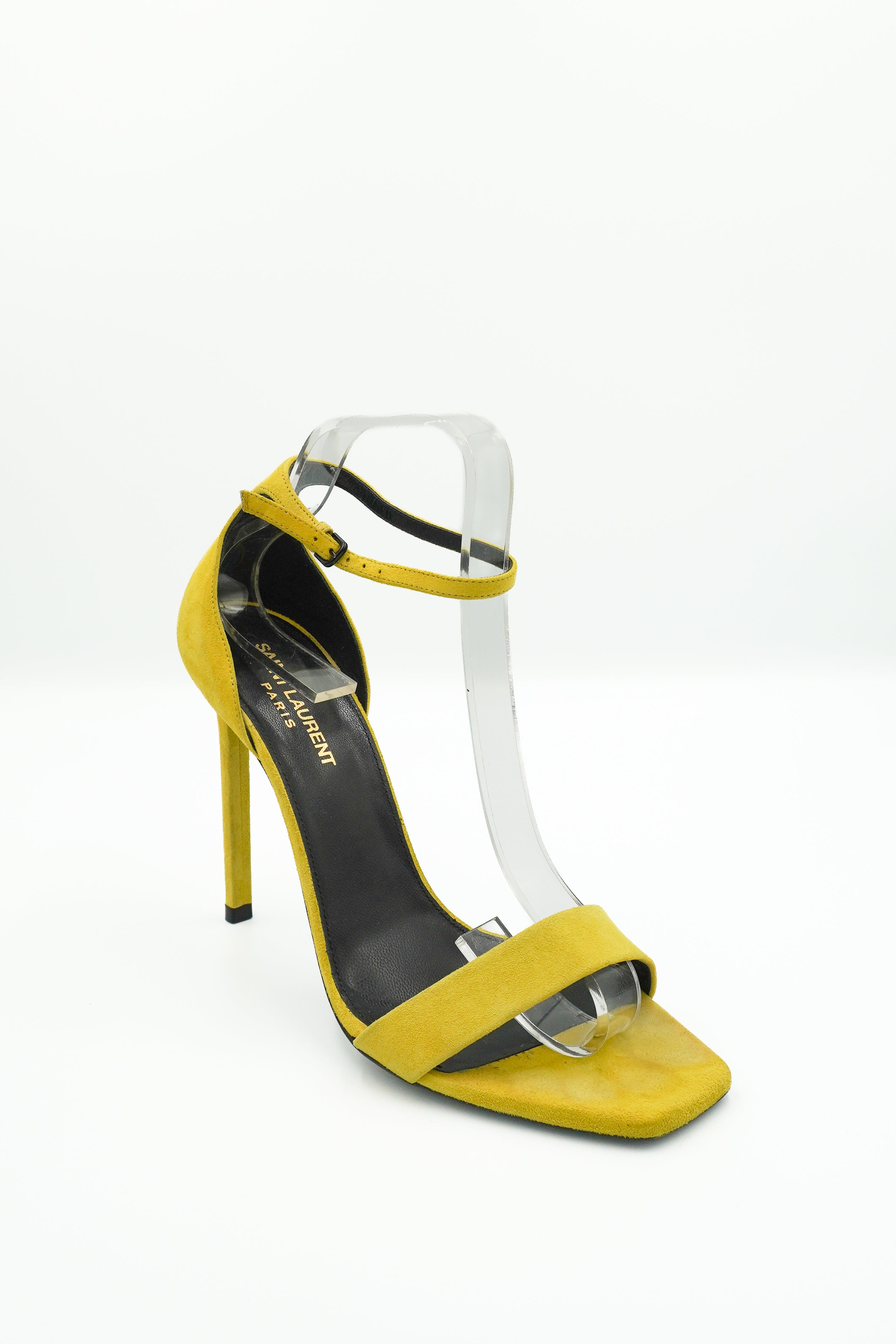 Saint Laurent Amber 105 Suede Sandals in Neon Yellow front photo chelsea london