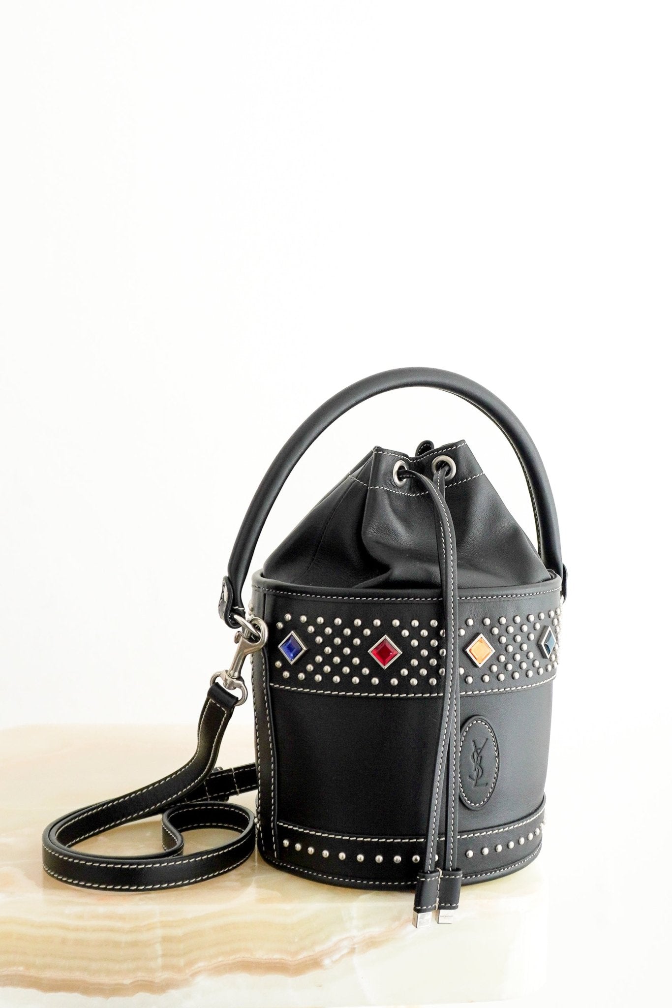 Saint Laurent Bahia Small Embellished Leather Bucket Bag in Black (RRP £2100) | Authentic Preloved - Reloved Again