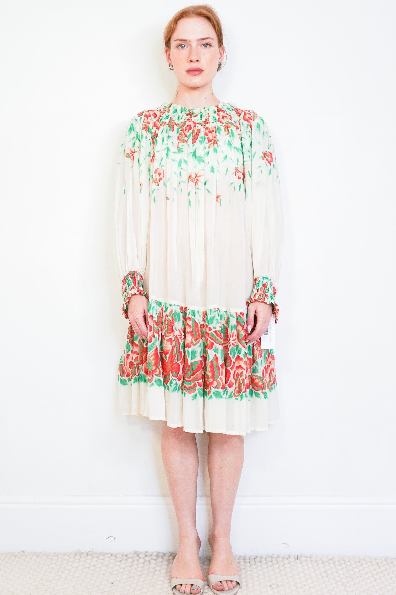 Saint Laurent Floral Print Smocked Dress in White, Green & Red (RRP £450) FINAL SALE | Authentic & Preloved - Reloved Again