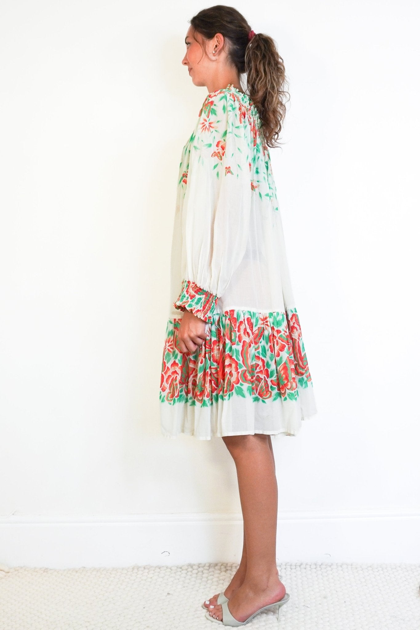 Saint Laurent Floral Print Smocked Dress in White, Green & Red (RRP £450) | Authentic & Preloved - Reloved Again