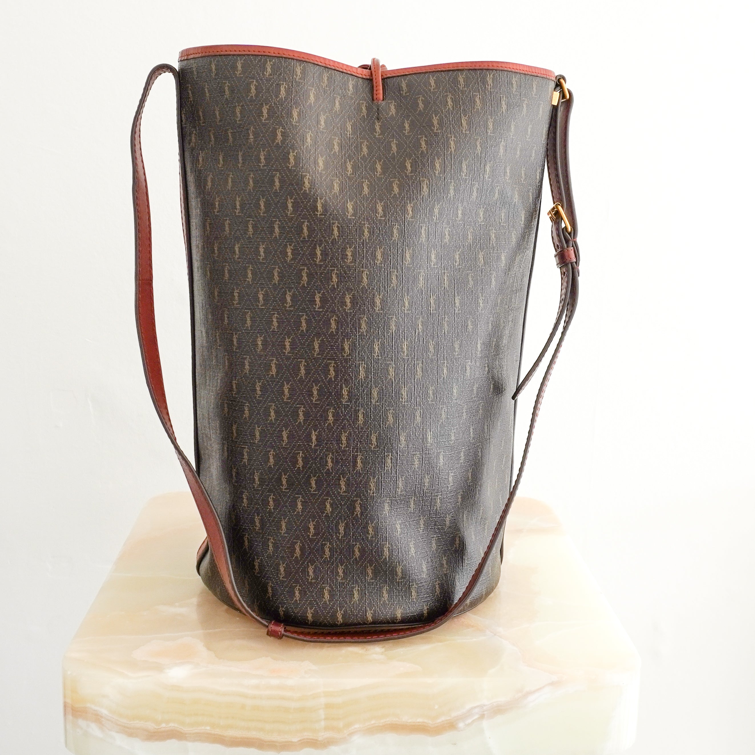 Saint Laurent Le Monogramme Bucket Bag in Brown Canvas back photo chelsea london