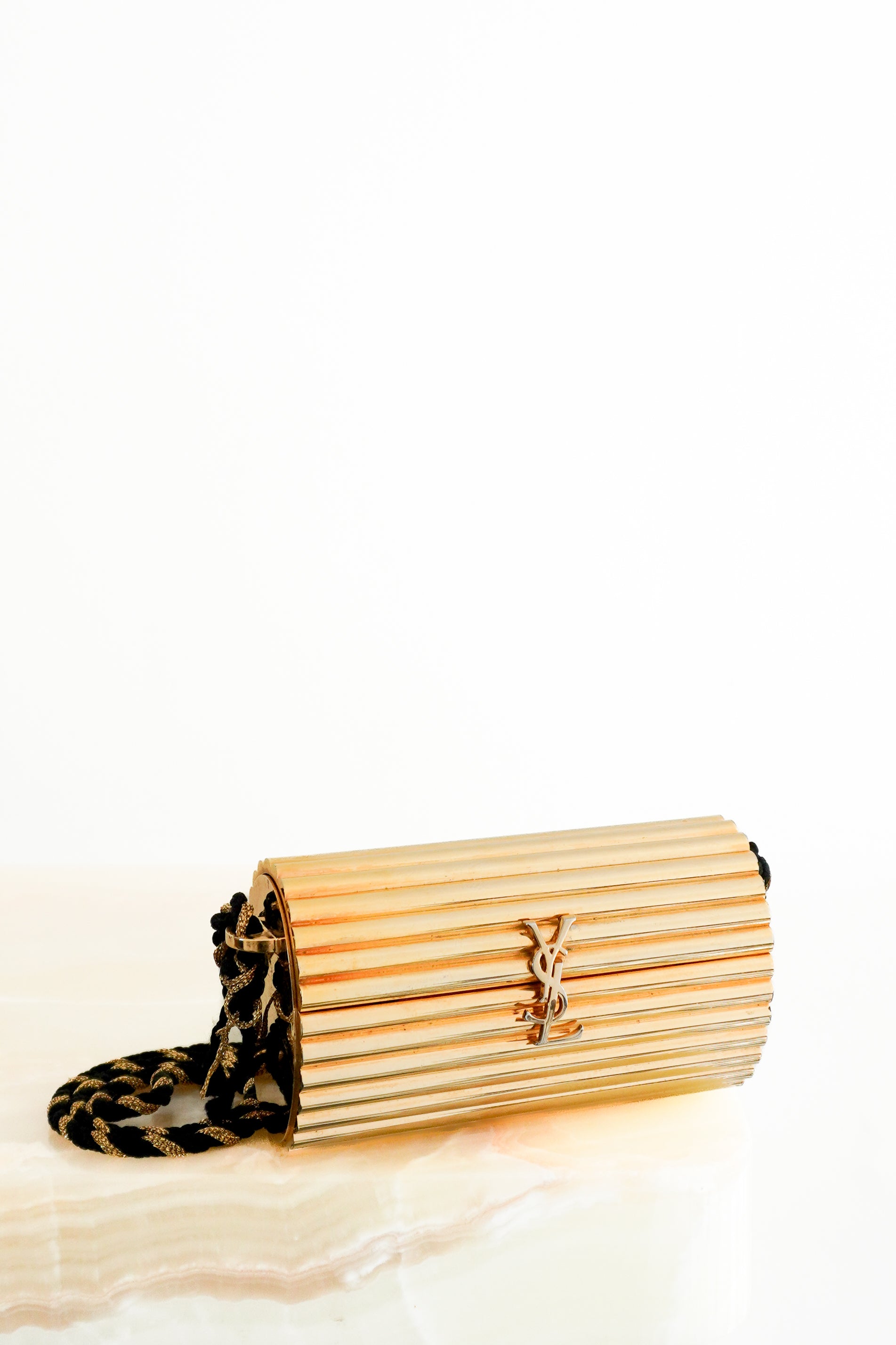 Saint Laurent Vintage Opium Gold Metal Minaudière Crossbody Bag front photo