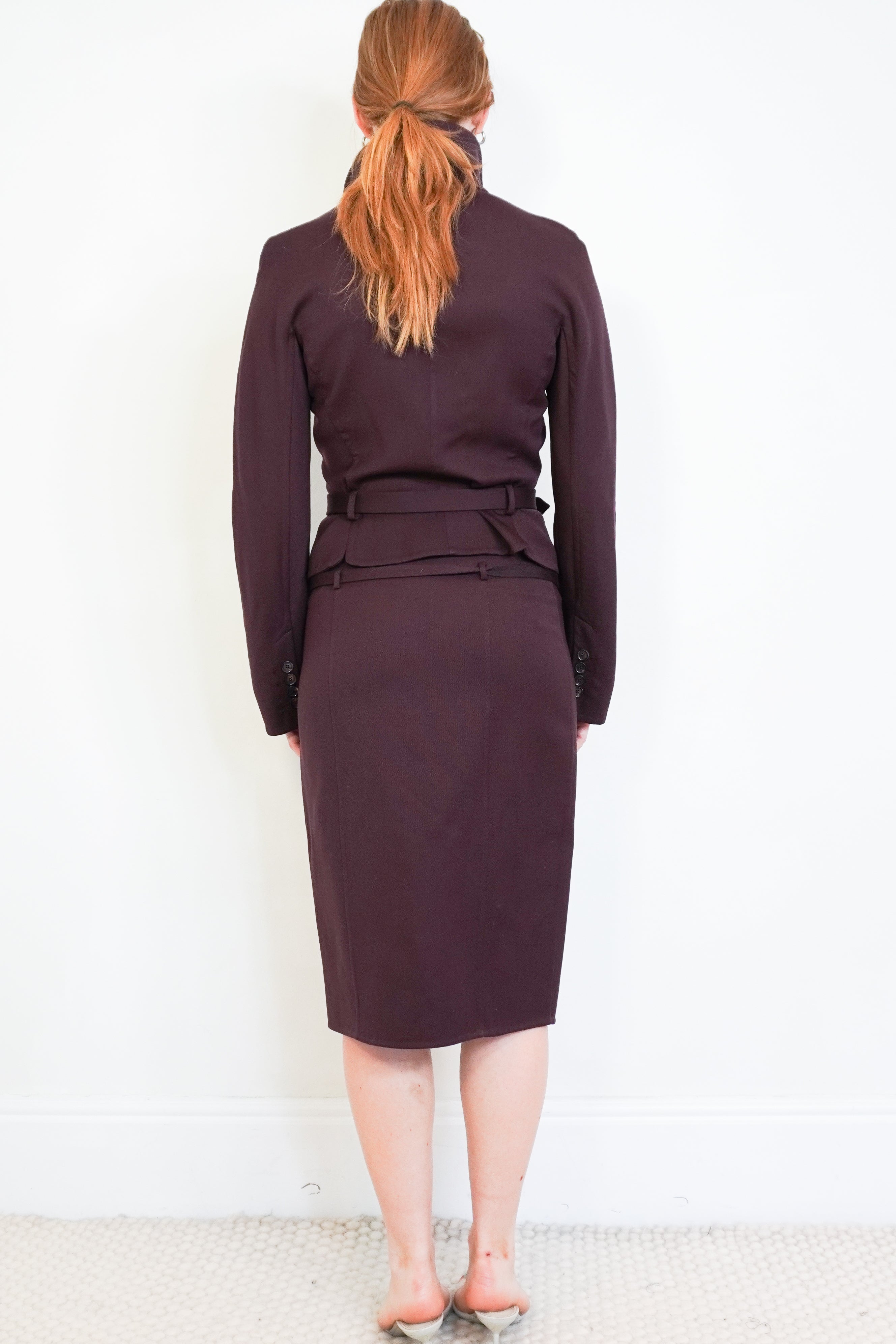 Salvatore Ferragamo Burgundy Wool & Silk Skirt Suit back photo chelsea london