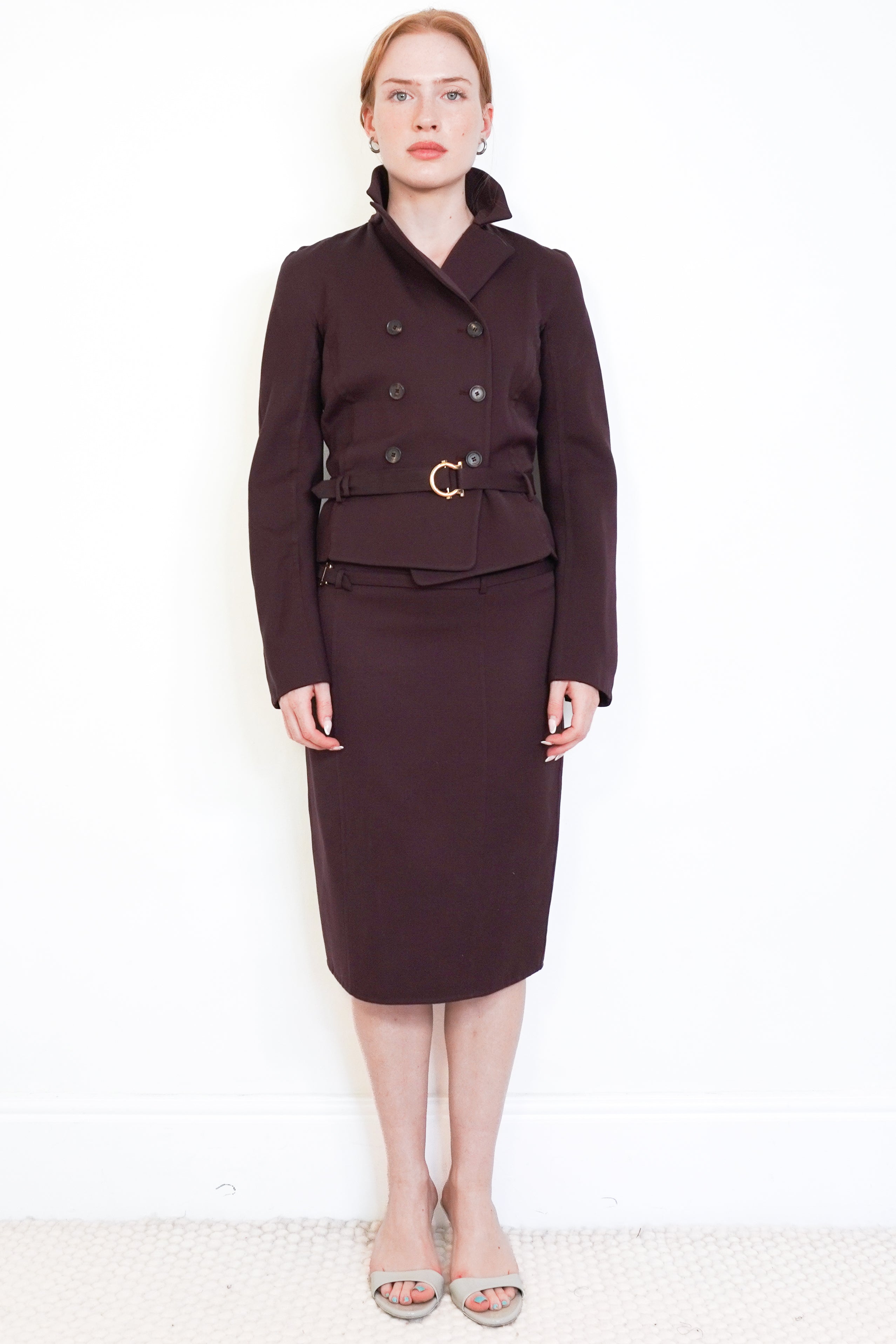 Salvatore Ferragamo Burgundy Wool & Silk Skirt Suit front photo chelsea london