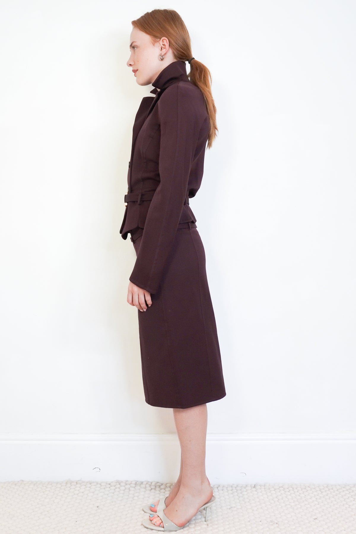 Salvatore Ferragamo Burgundy Wool & Silk Skirt Suit side photo chelsea london