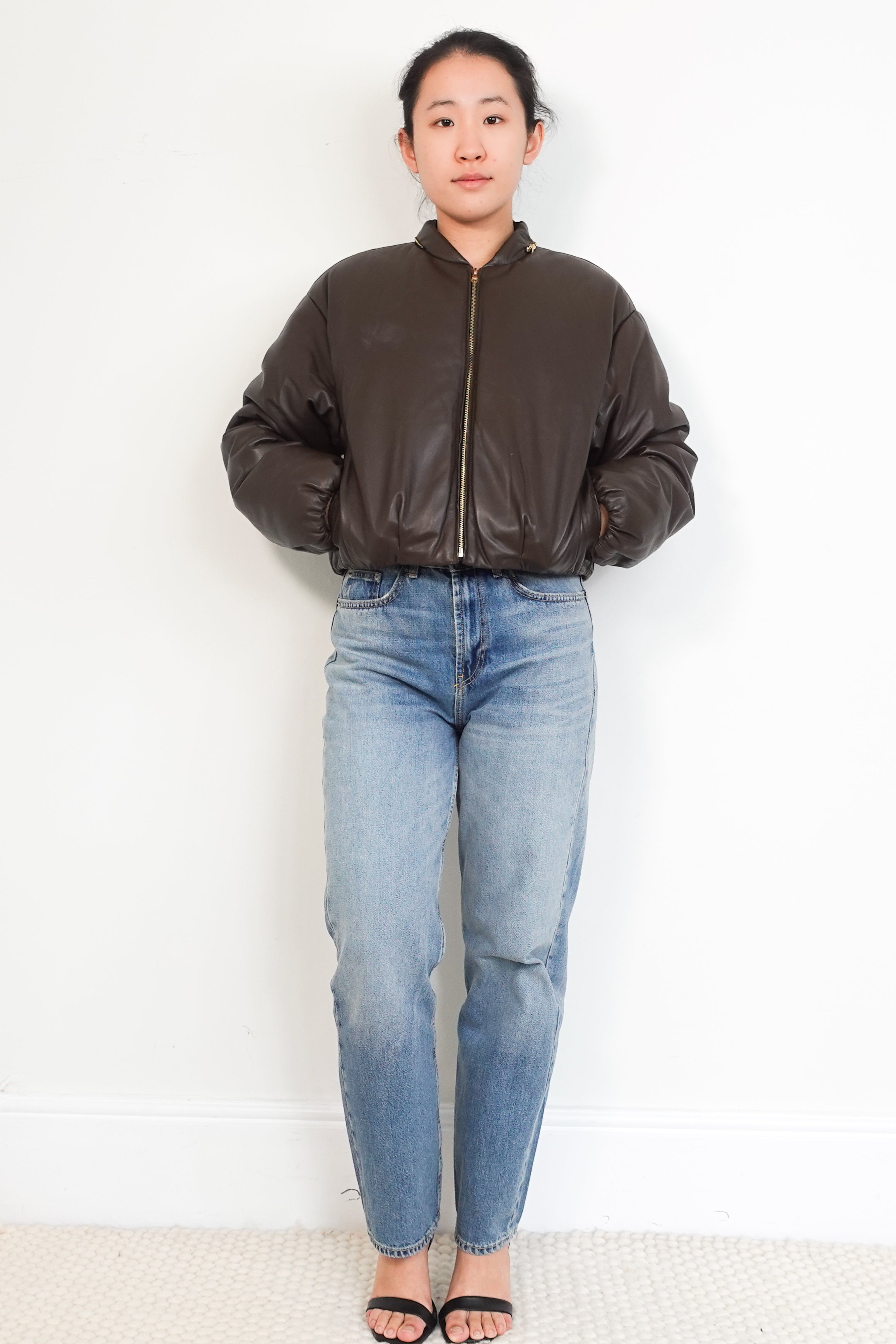 Sandro-Brown-Pleather-Cropped-Bomber-Jacket-front-picture-Chelsea-London