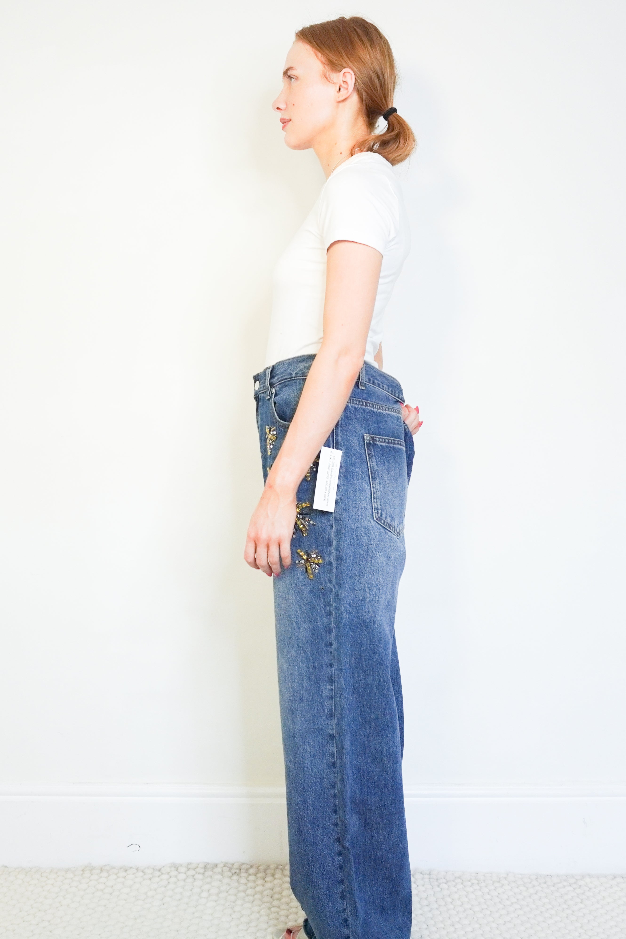 Sandro Blue Embellished Wide-Leg Jeans side photo chelsea london