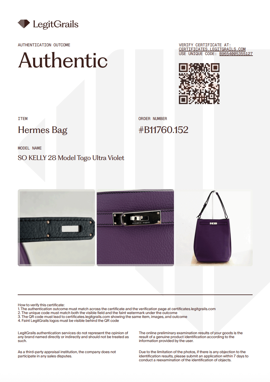 Hermès So Kelly 28 Togo Ultra Violet Verso | Authentic Preloved - Reloved Again