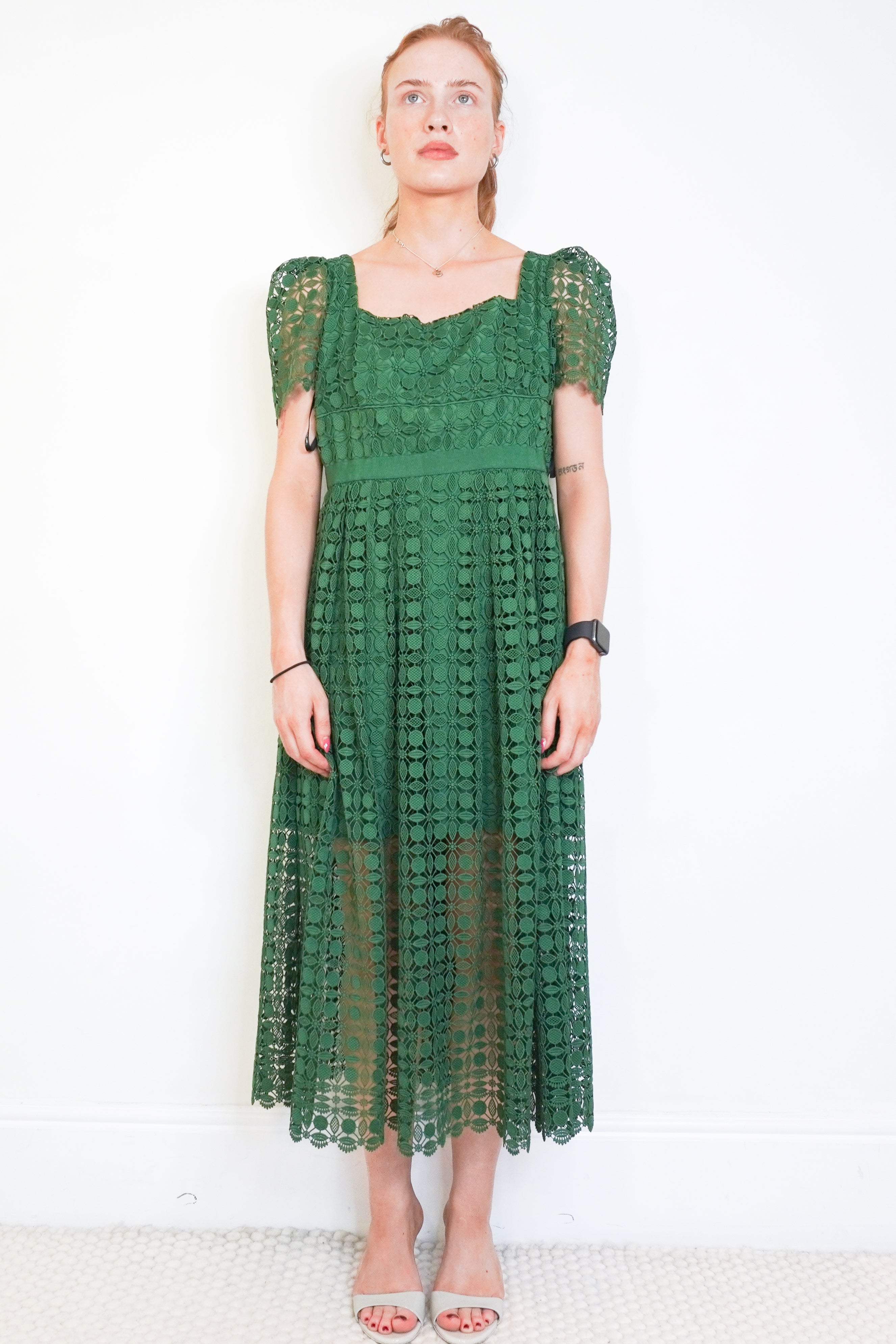 Self-Portrait Green Petal Lace Midi Dress front photo chelsae london