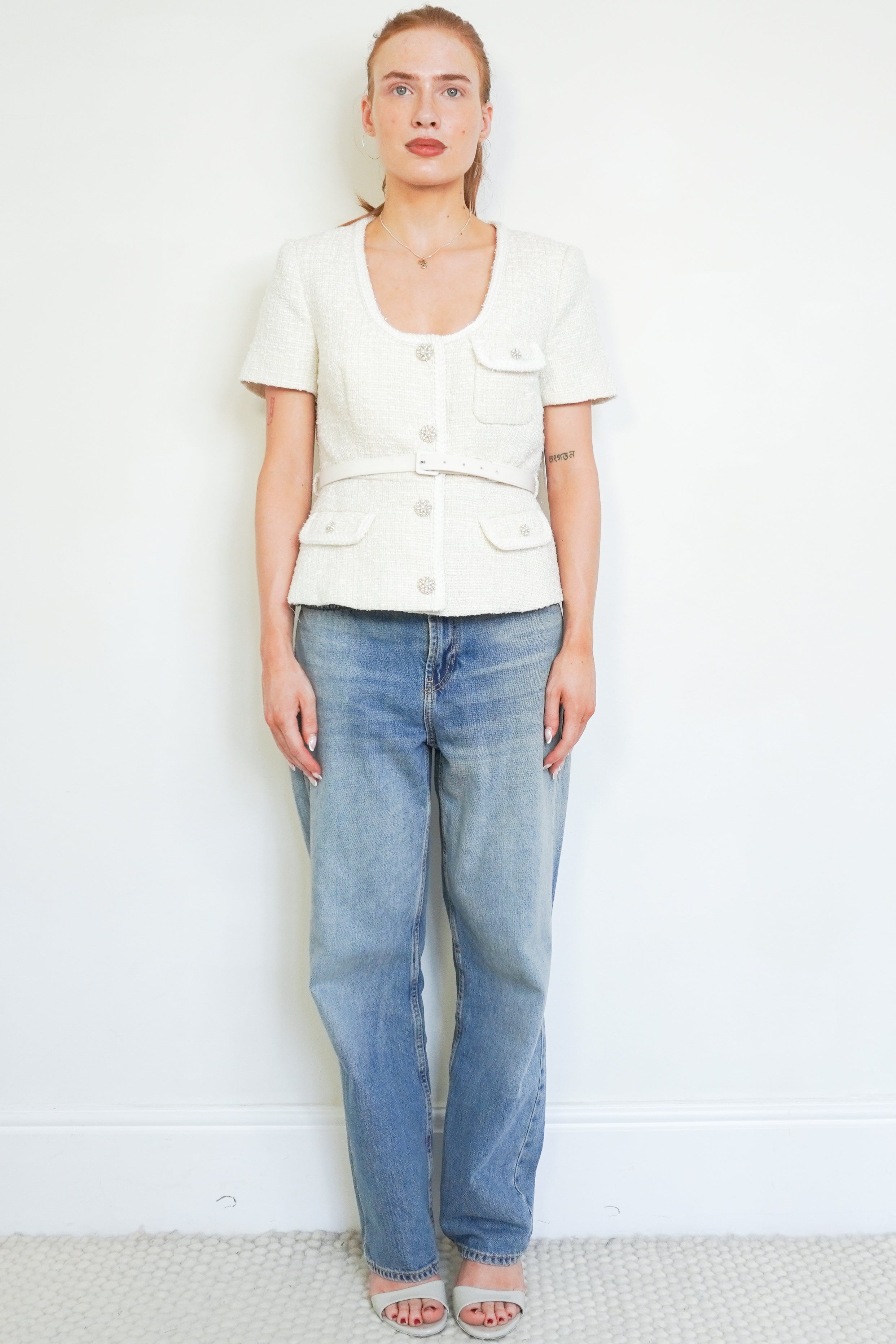 Self-Portrait White Bouclé Belted Peplum Jacket front photo chelsea london