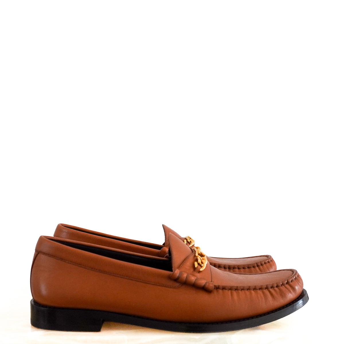 Side: Celine Triomphe Tan Brown Calfskin Leather Loafers