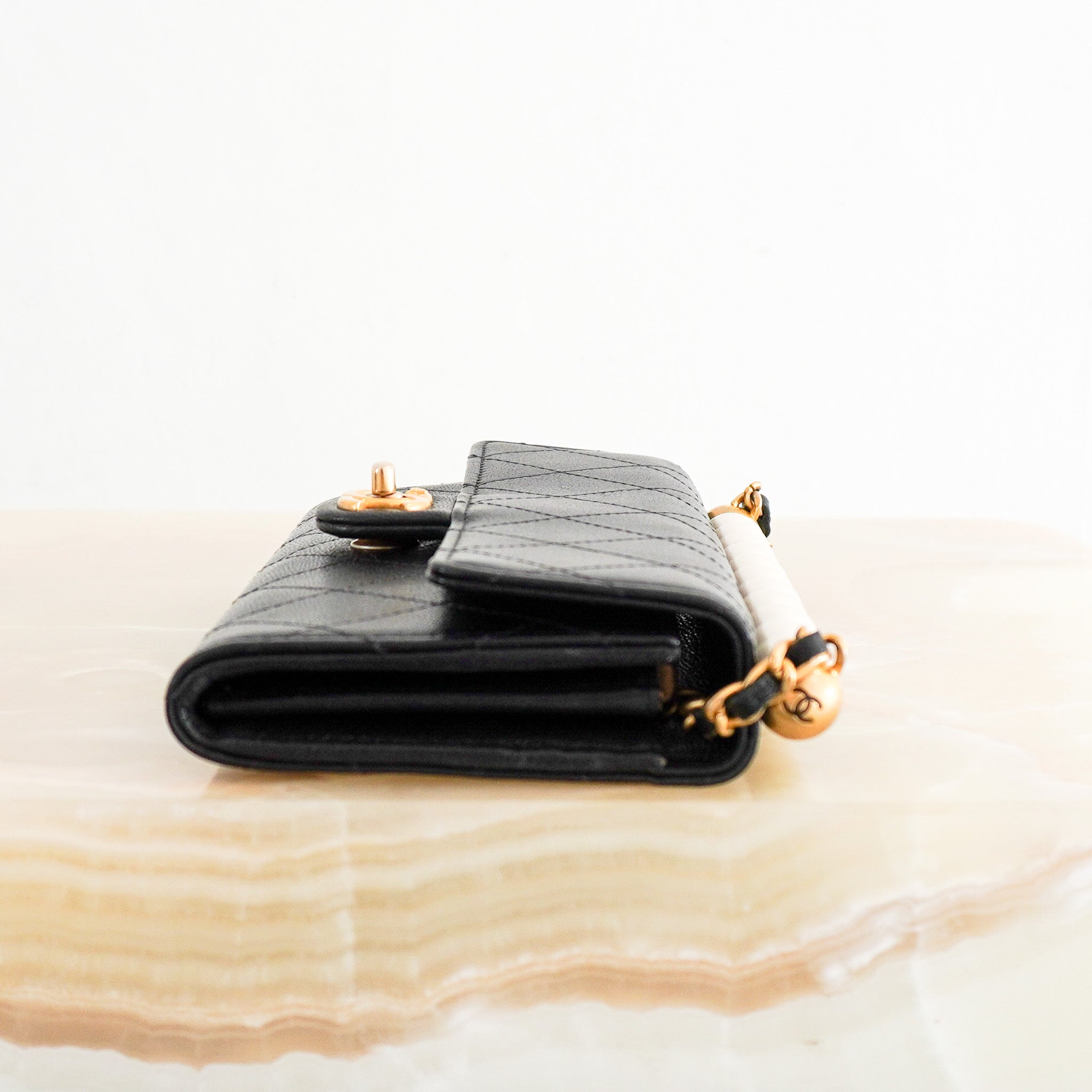 Side Chanel Chic Pearl Wallet on Chain with Black Lambskin Leather