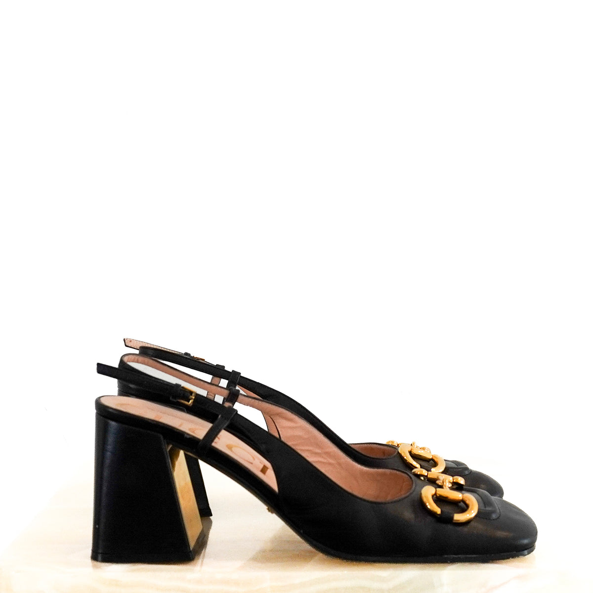 Side: Gucci Baby Horsebit Black Leather Slingback Pumps