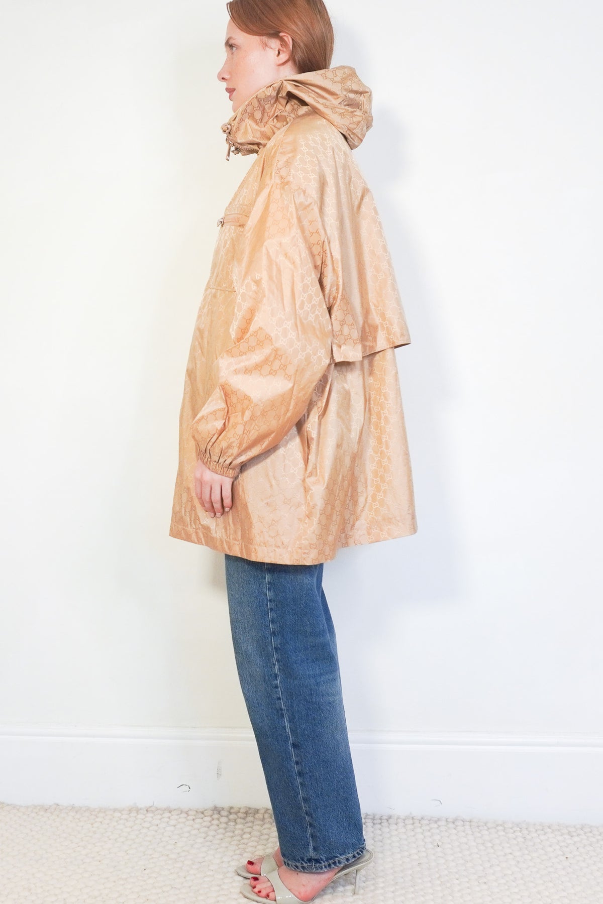 Side: Gucci Beige GG Monogram Hooded Anorak Coat