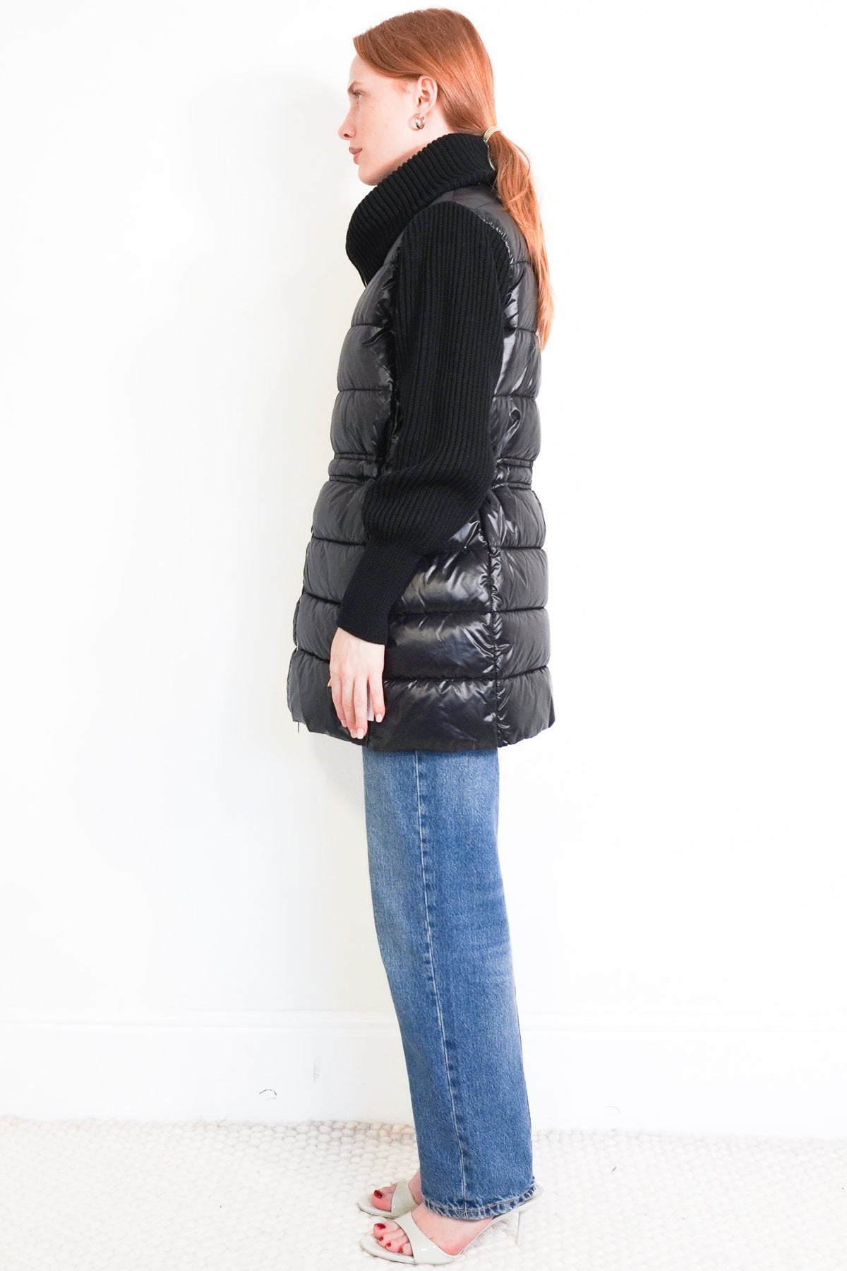 Side Image: Black Varley Puffer Jacket with Chunky Ribbed Knit Collar