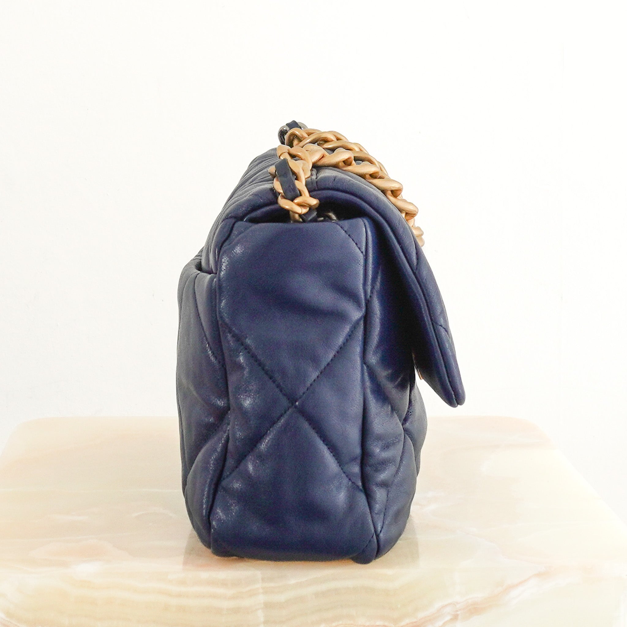 Side Image: Chanel 19 Flap Bag Lambskin Leather in Marine Blue 