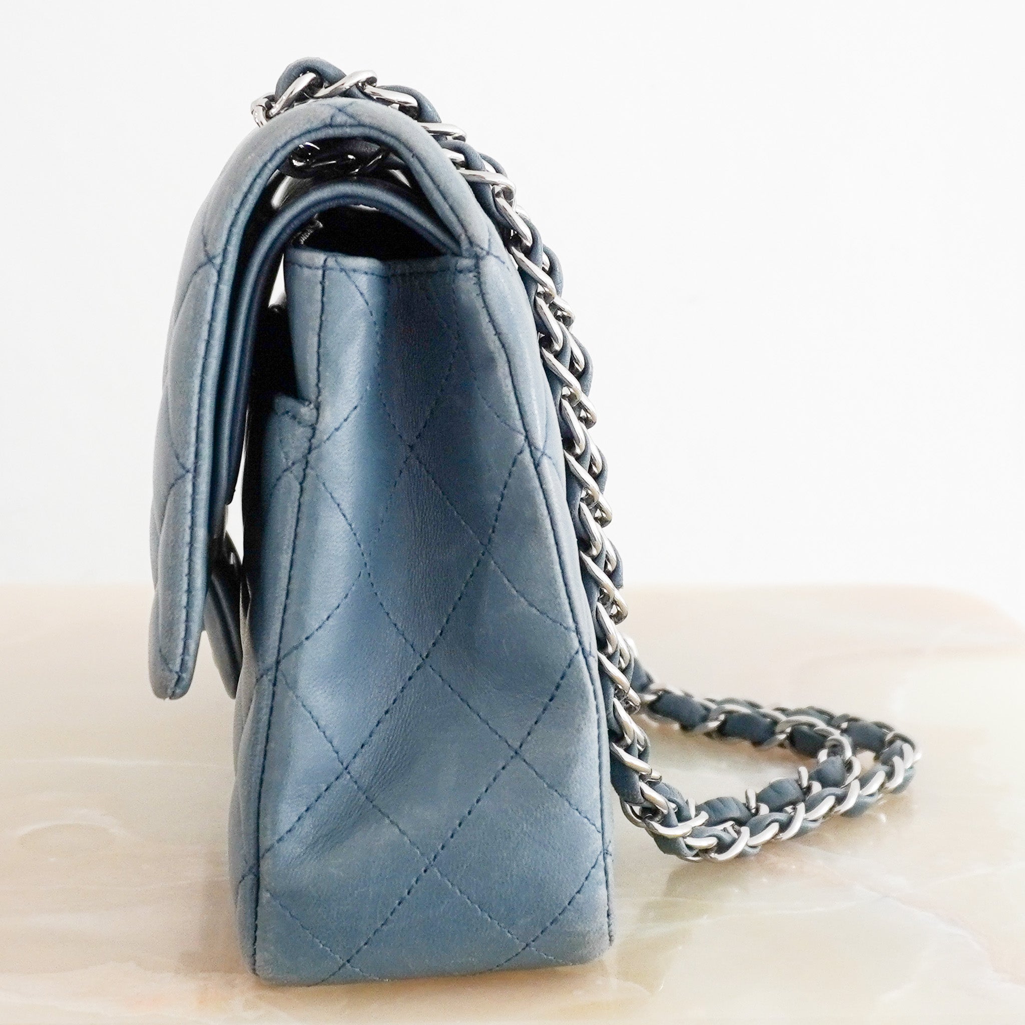 Side Image: Chanel Ash Blue Medium Classic Double Flapbag