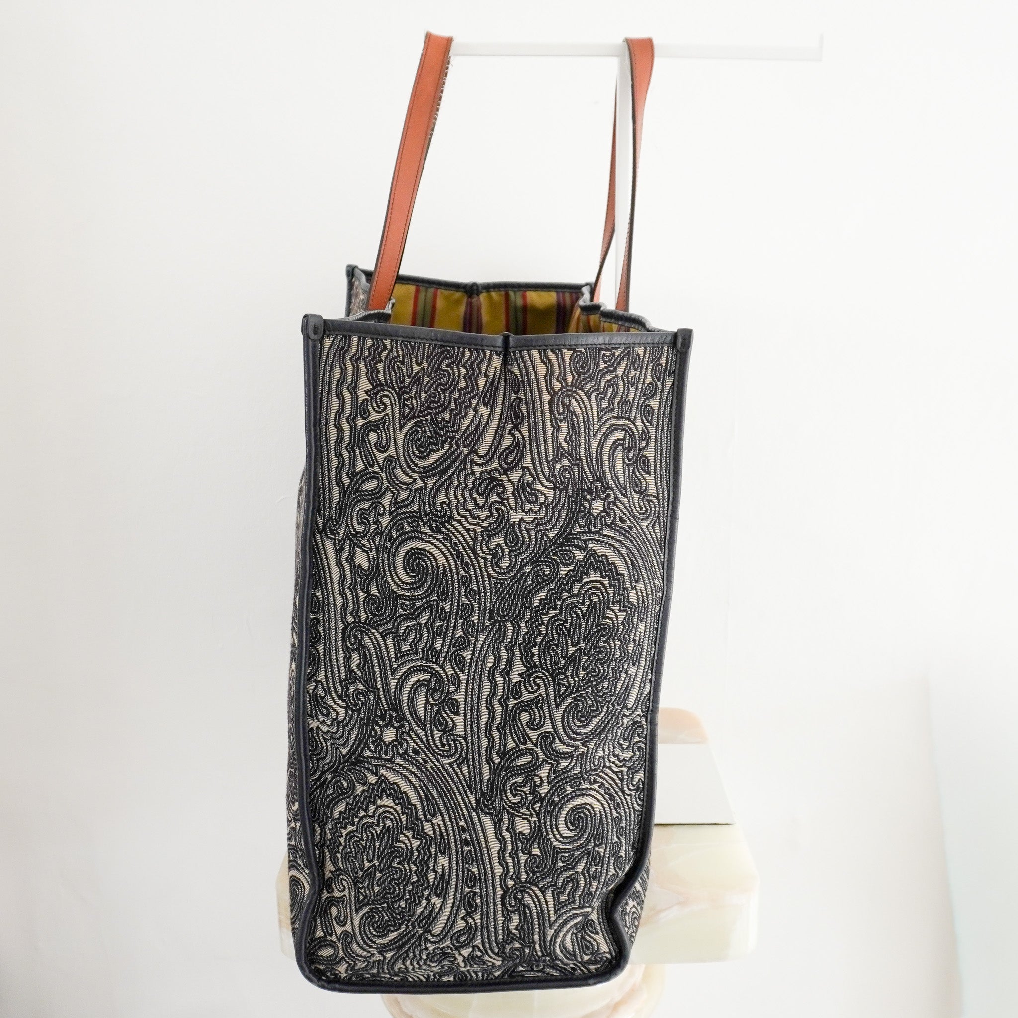 Side Image: Etro Navy Blue Paisley Jacquard and Leather Shopper Tote