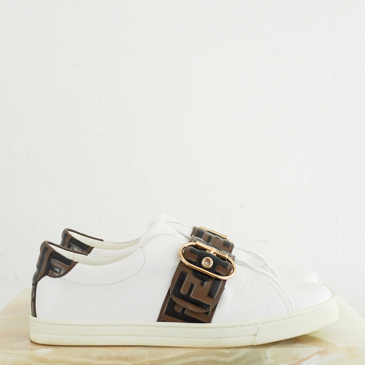 Side Image: Fendi Signature FF Leather Buckle Trainers