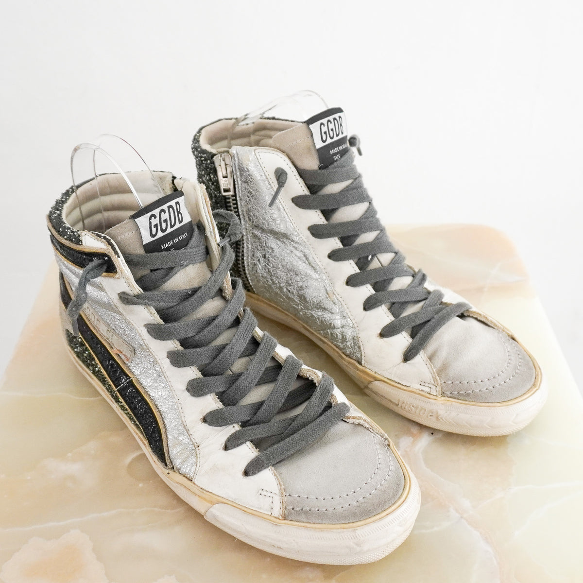 Side Image: Golden Goose High Top Distressed Glitter Sneaker 