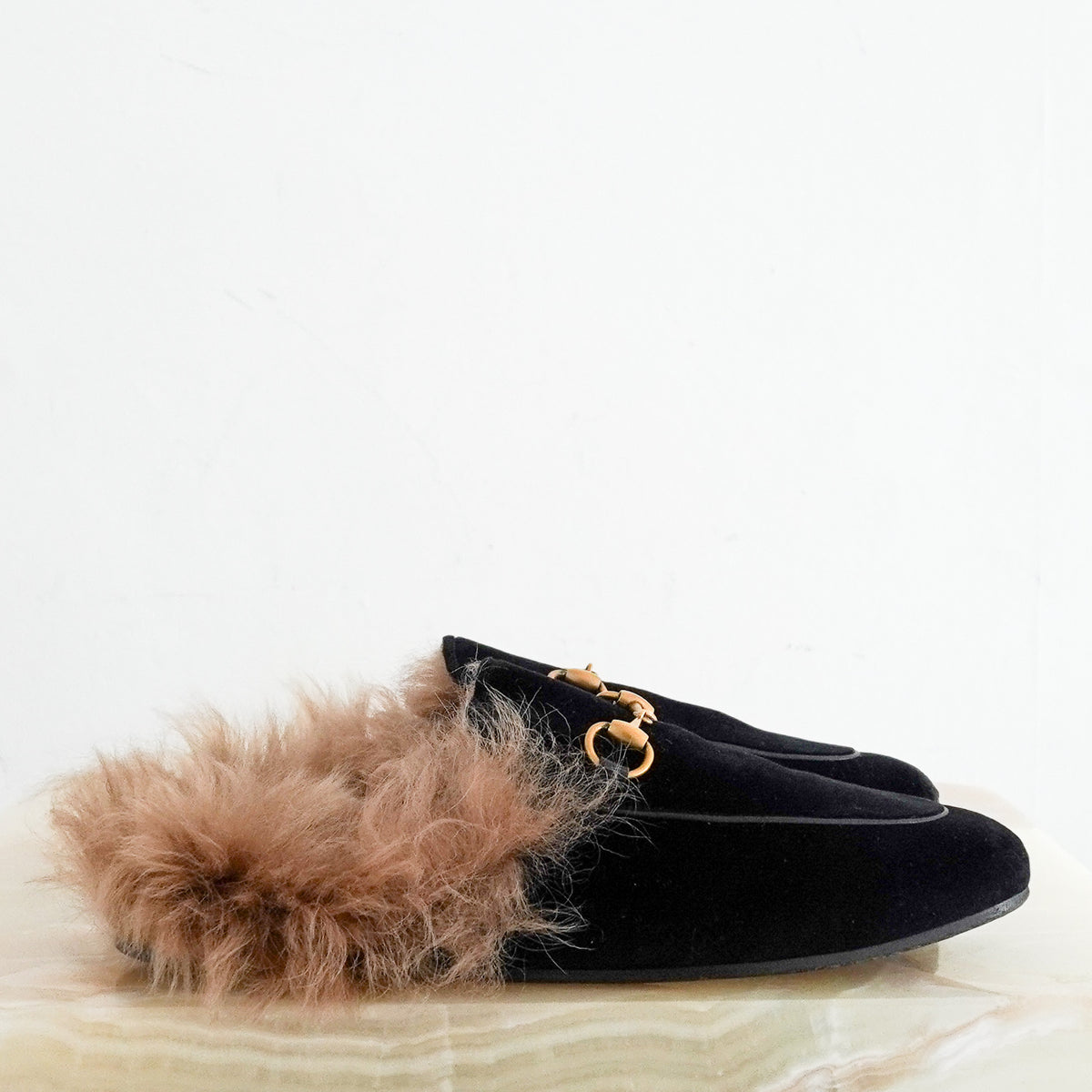 Gucci Black Velvet Princetown Horsebit Fur Mules UK 3 (RRP £1000) | Authentic Preloved - Reloved Again