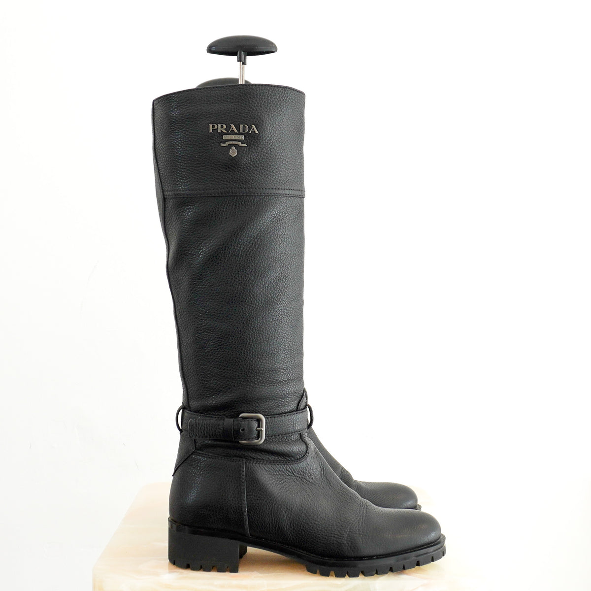Side Image: Prada Black Leather Riding Boots