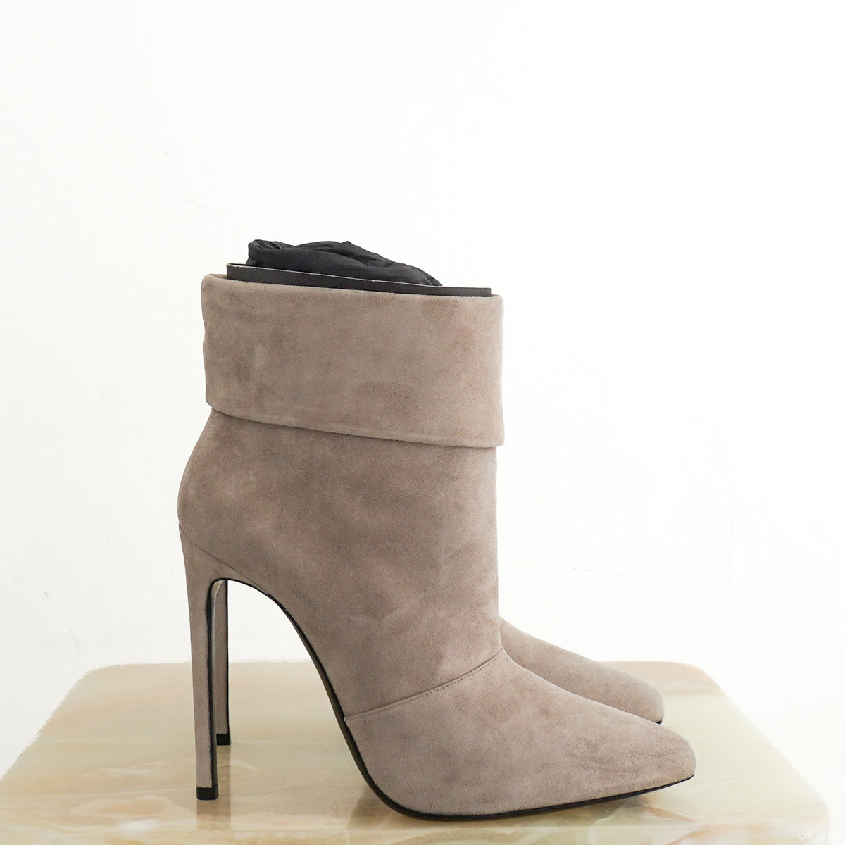 Side Image: Saint Laurent Fold Grey Stiletto Suede Boots