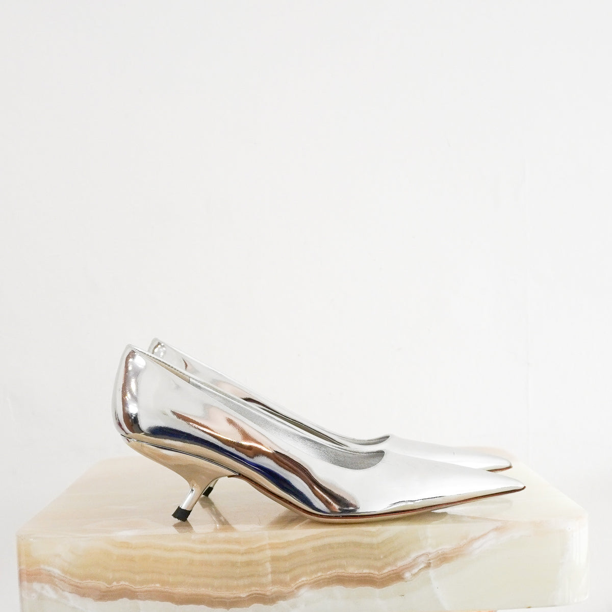 Side Image: Salvatore Ferragamo Metallic Silver Pointed-Toe Kitten Heels