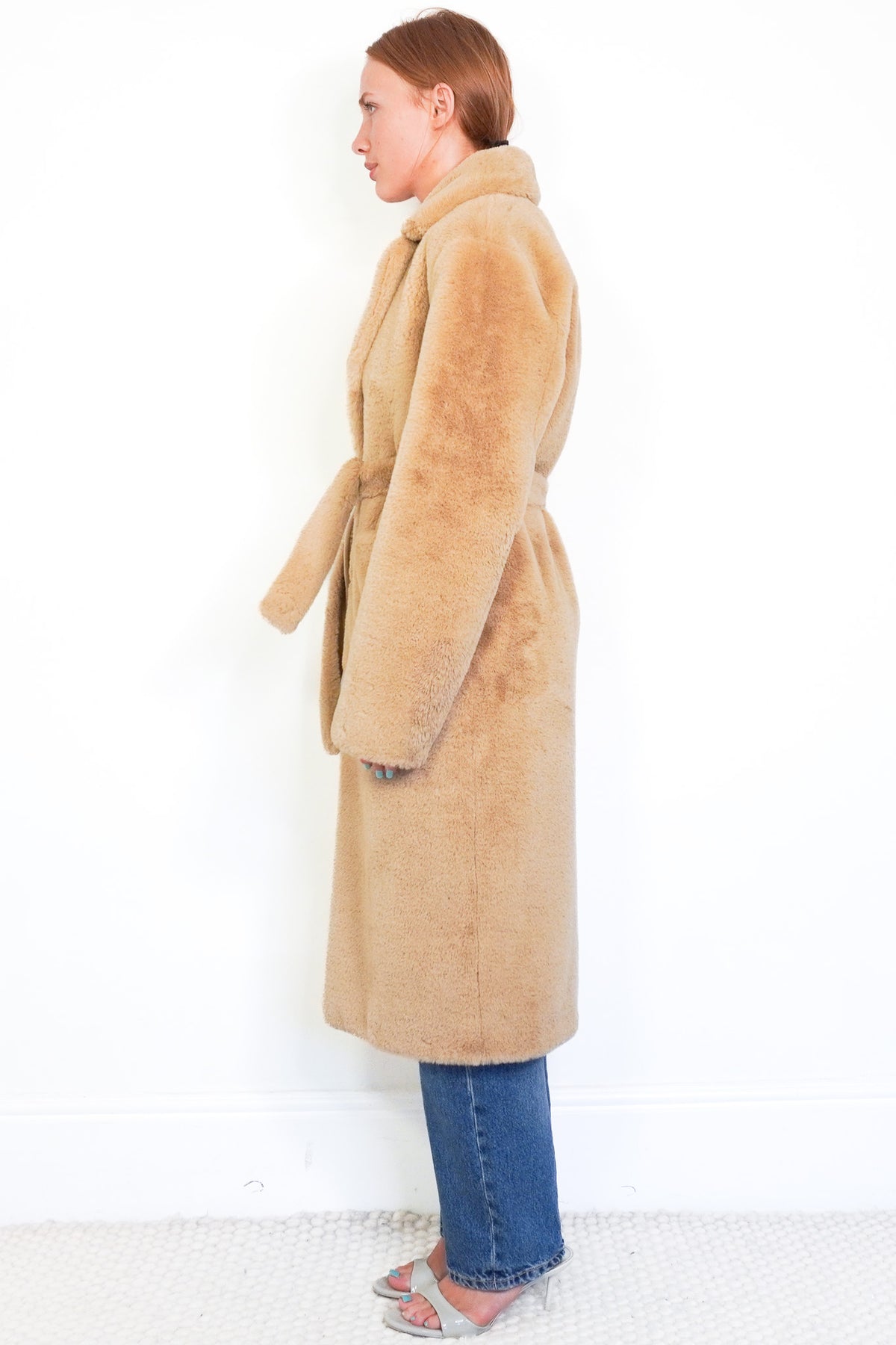 Side Image: Sandro Beige Faux Fur Coat with Red Lining Chelsea London