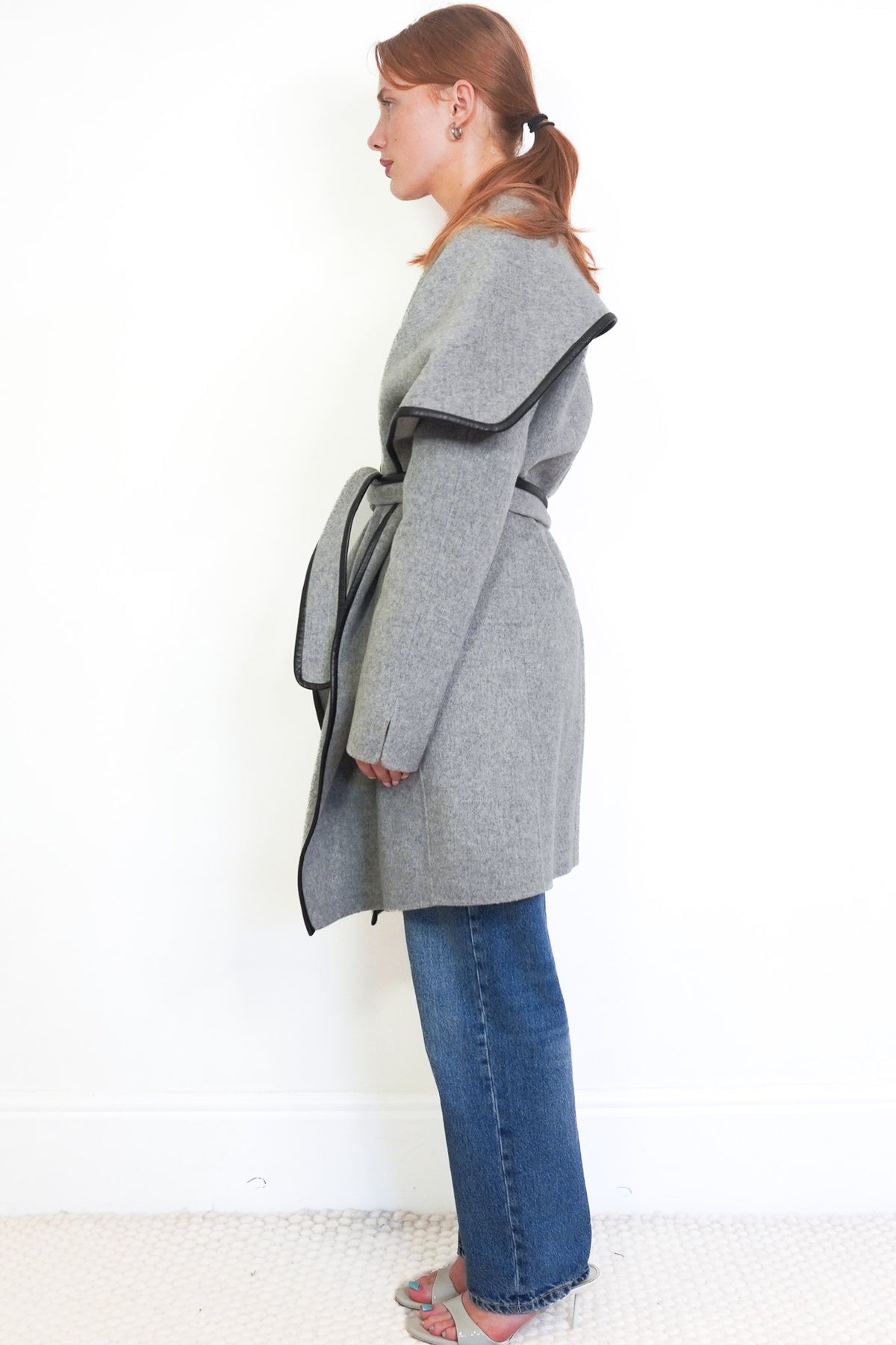 Side Image: Vince Grey Wrap Grey Coat with Leather Trim 